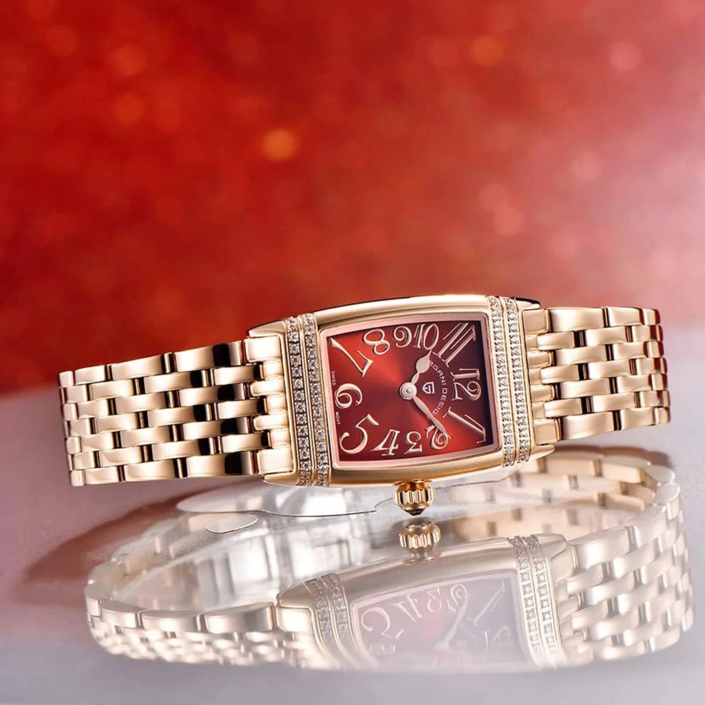 Pagani Design PD-1737 Women's Quartz Watches 22mm with Stone Set Rectangle Case, Analogue Display and Stainless Steel Ladies Watch - Gold Red - DREAM WATCHES