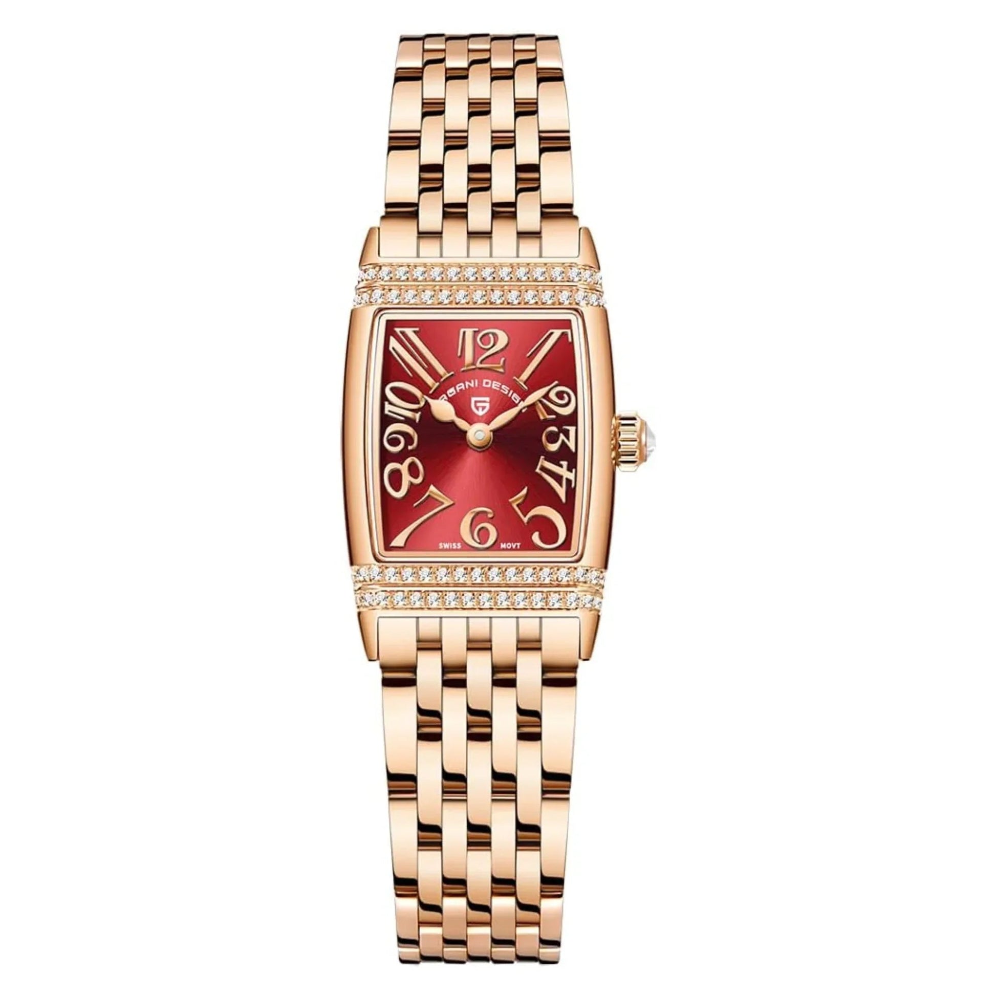 Pagani Design PD-1737 Women's Quartz Watches 22mm with Stone Set Rectangle Case, Analogue Display and Stainless Steel Ladies Watch - Gold Red - DREAM WATCHES