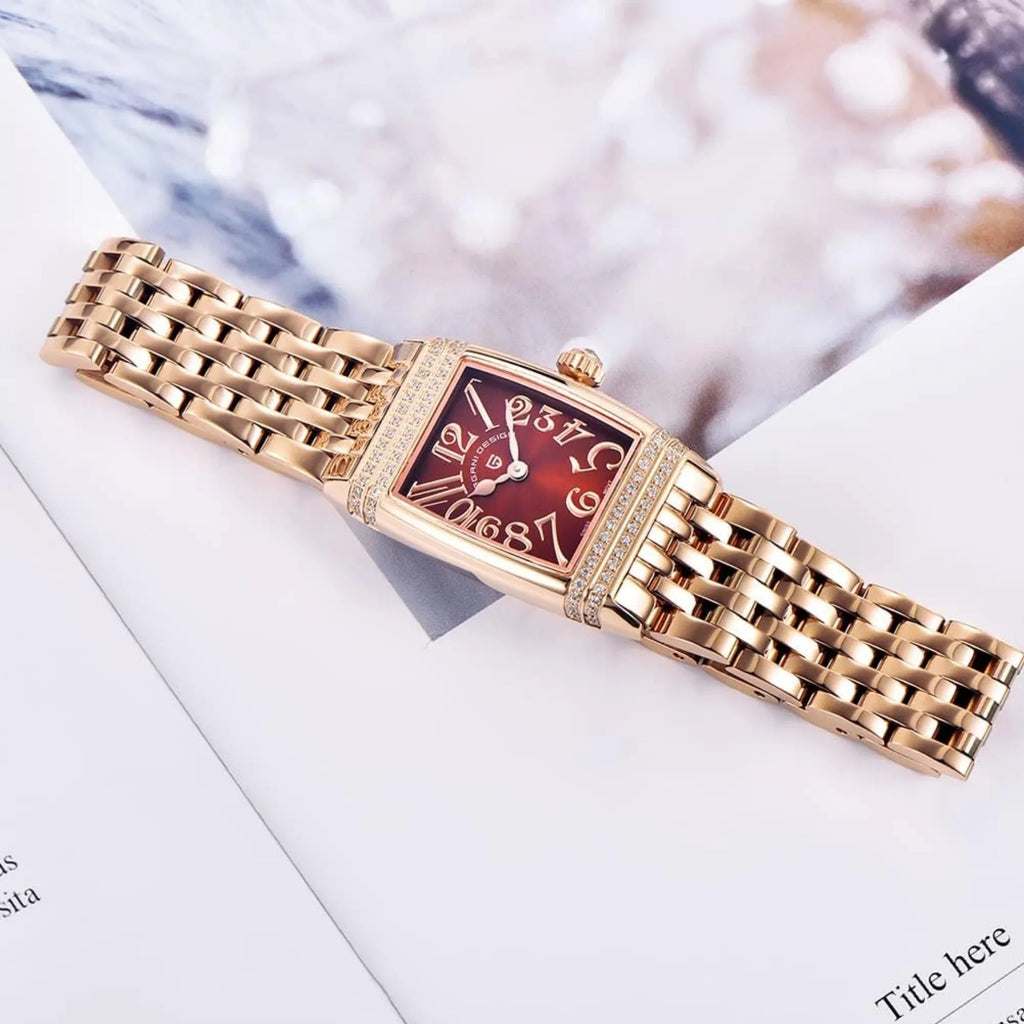Pagani Design PD-1737 Women's Quartz Watches 22mm with Stone Set Rectangle Case, Analogue Display and Stainless Steel Ladies Watch - Gold Red - DREAM WATCHES