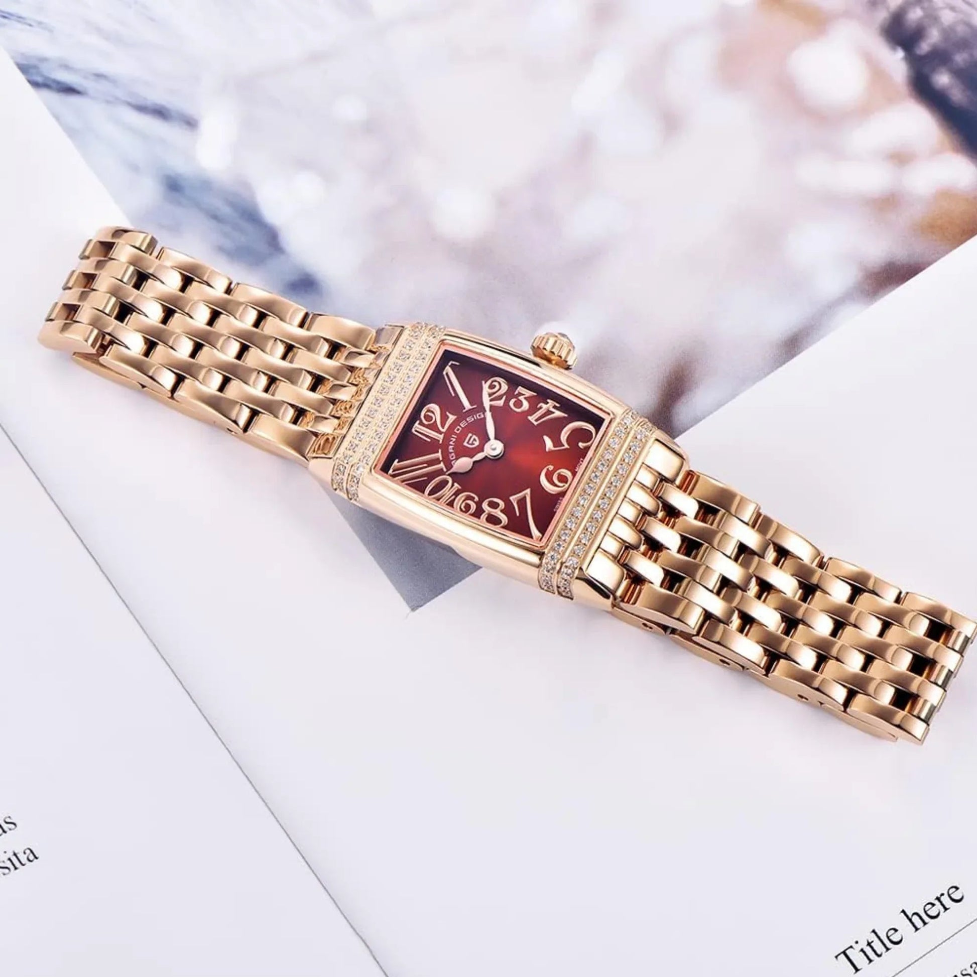 Pagani Design PD-1737 Women's Quartz Watches 22mm with Stone Set Rectangle Case, Analogue Display and Stainless Steel Ladies Watch - Gold Red - DREAM WATCHES