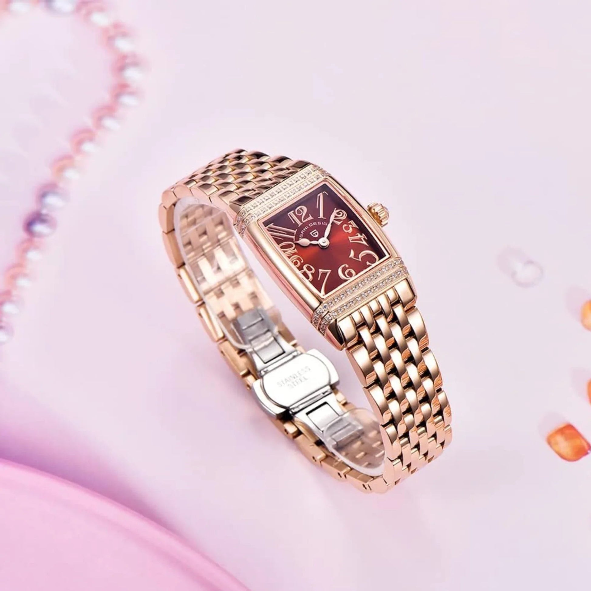 Pagani Design PD-1737 Women's Quartz Watches 22mm with Stone Set Rectangle Case, Analogue Display and Stainless Steel Ladies Watch - Gold Red - DREAM WATCHES