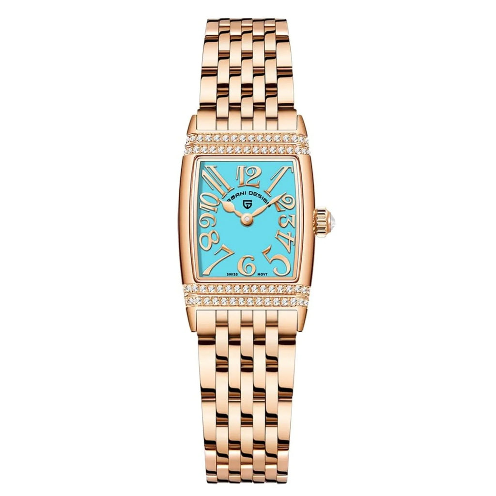 Pagani Design PD-1737 Women's Quartz Watches 22mm with Stone Set Rectangle Case, Analogue Display and Stainless Steel Ladies Watch - Gold Tiffany-Blue - DREAM WATCHES