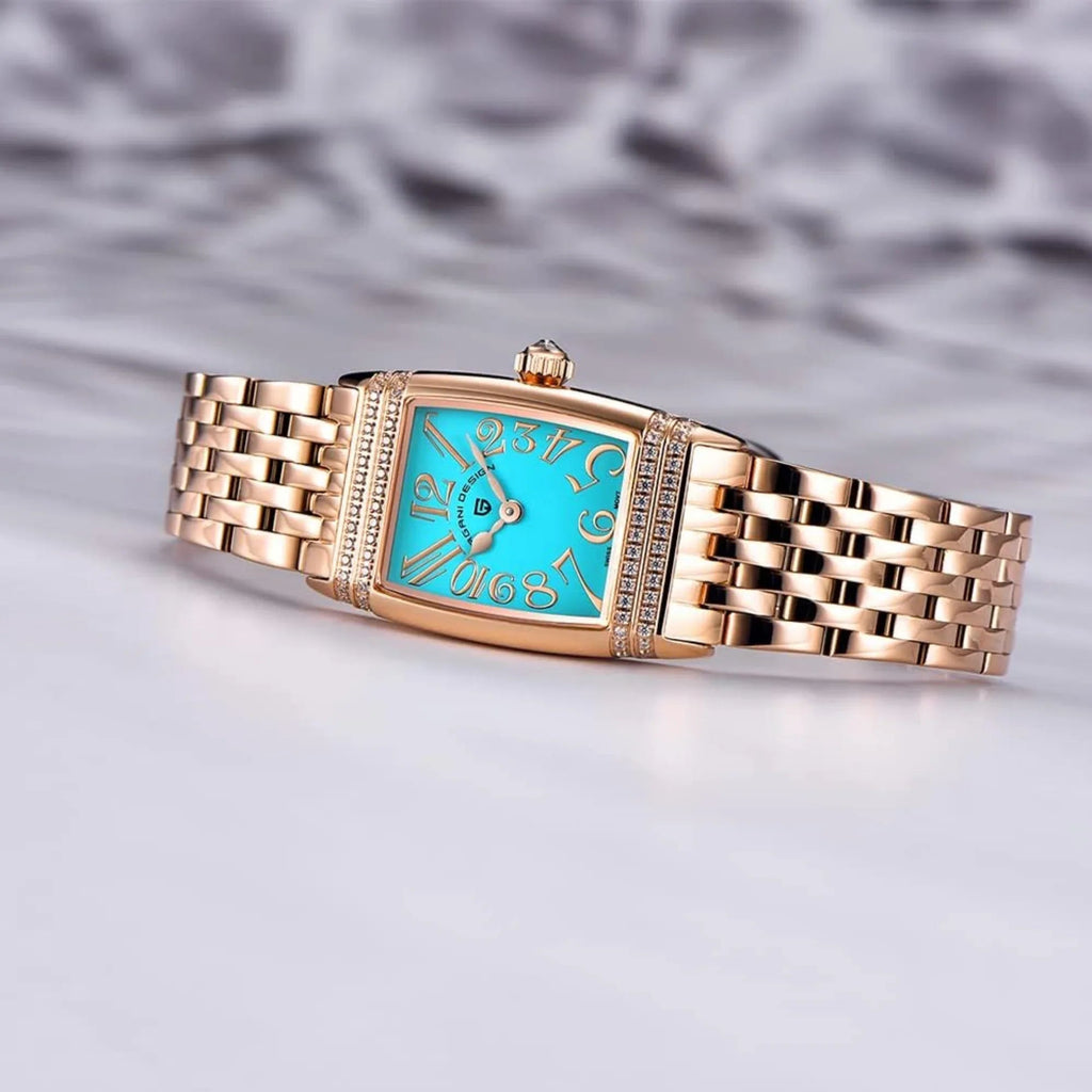 Pagani Design PD-1737 Women's Quartz Watches 22mm with Stone Set Rectangle Case, Analogue Display and Stainless Steel Ladies Watch - Gold Tiffany-Blue - DREAM WATCHES