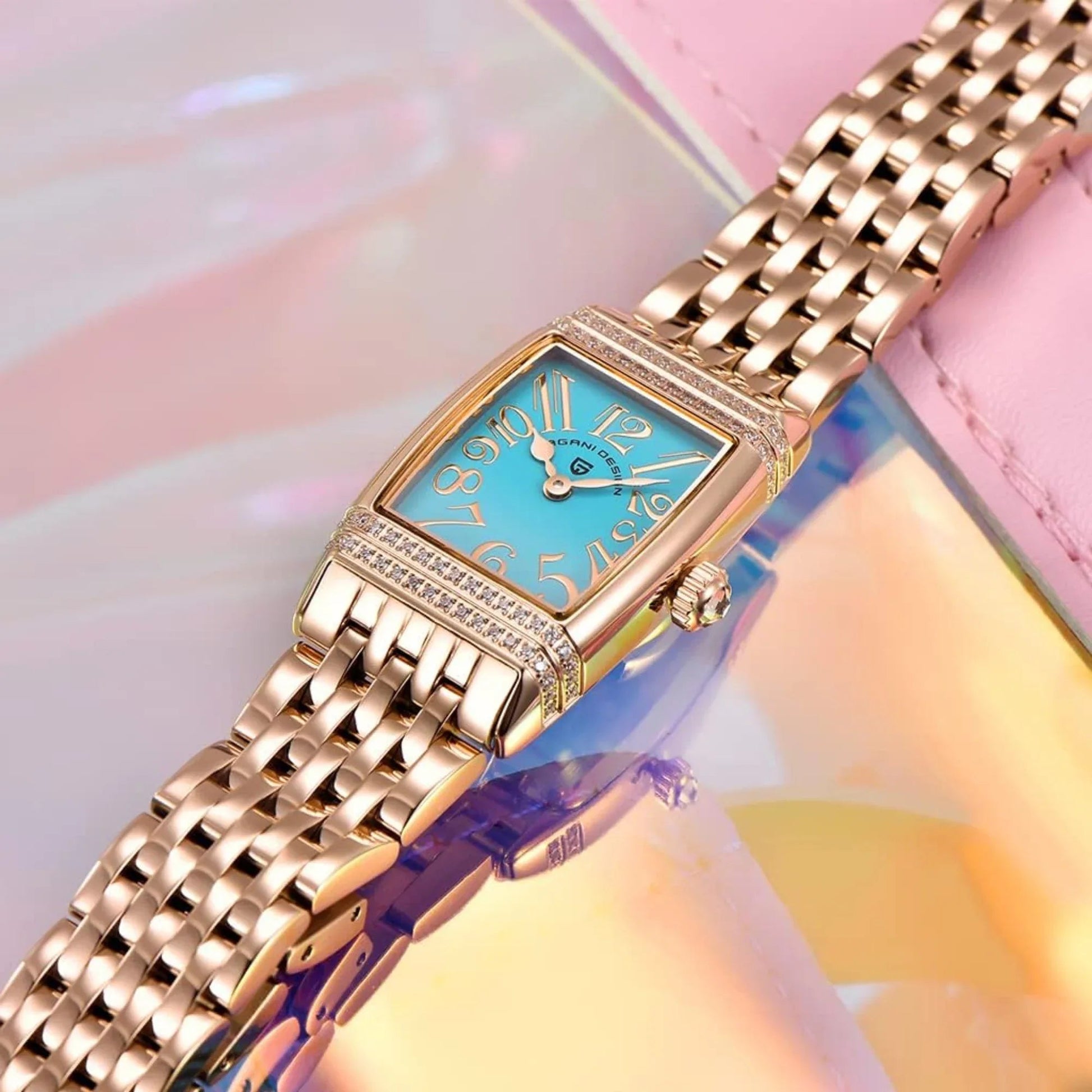 Pagani Design PD-1737 Women's Quartz Watches 22mm with Stone Set Rectangle Case, Analogue Display and Stainless Steel Ladies Watch - Gold Tiffany-Blue - DREAM WATCHES