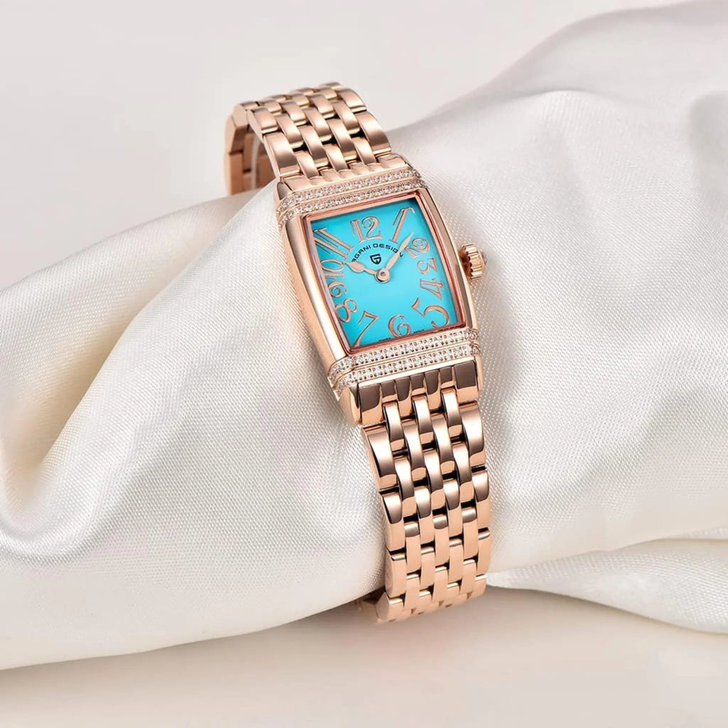 Pagani Design PD-1737 Women's Quartz Watches 22mm with Stone Set Rectangle Case, Analogue Display and Stainless Steel Ladies Watch - Gold Tiffany-Blue - DREAM WATCHES