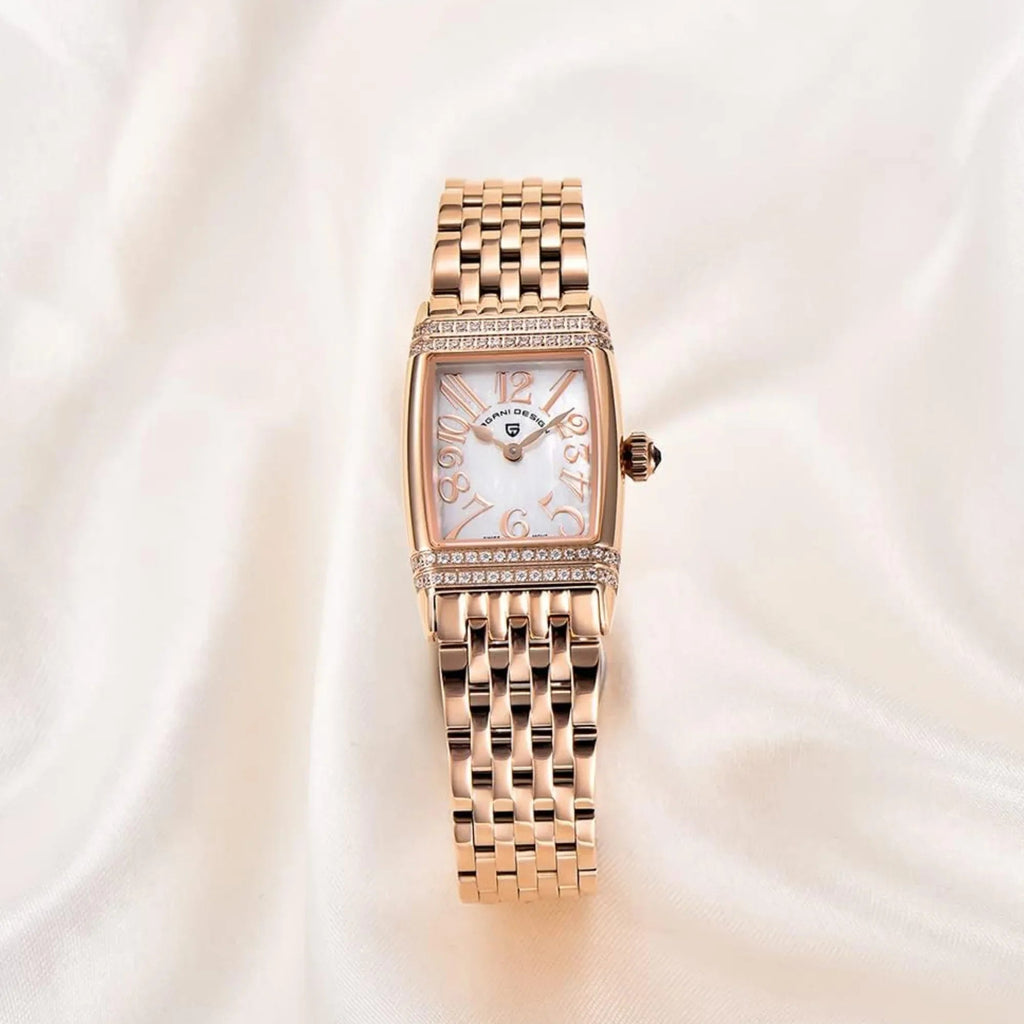 Pagani Design PD-1737 Women's Quartz Watches 22mm with Stone Set Rectangle Case, Analogue Display and Stainless Steel Ladies Watch - Gold White - DREAM WATCHES