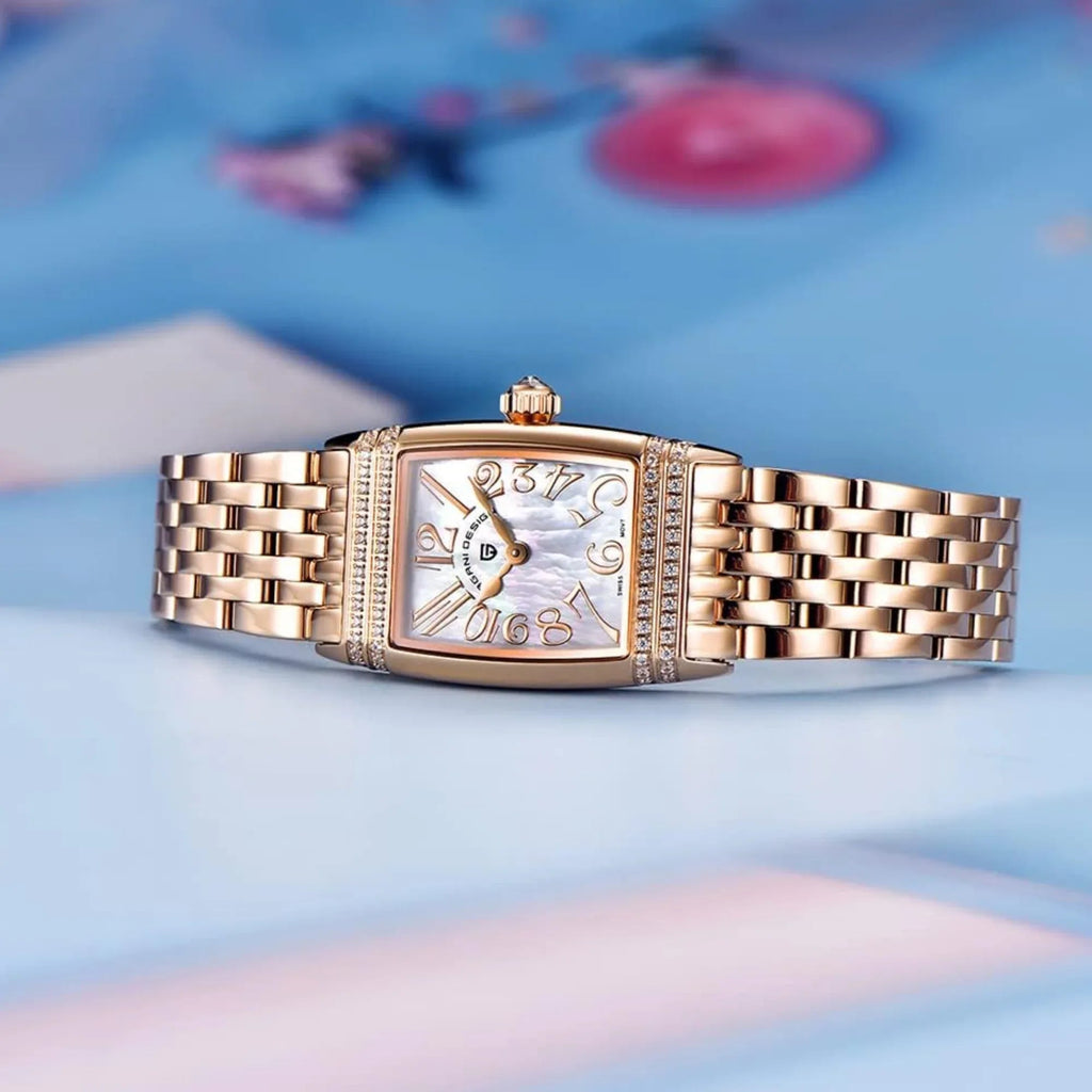 Pagani Design PD-1737 Women's Quartz Watches 22mm with Stone Set Rectangle Case, Analogue Display and Stainless Steel Ladies Watch - Gold White - DREAM WATCHES
