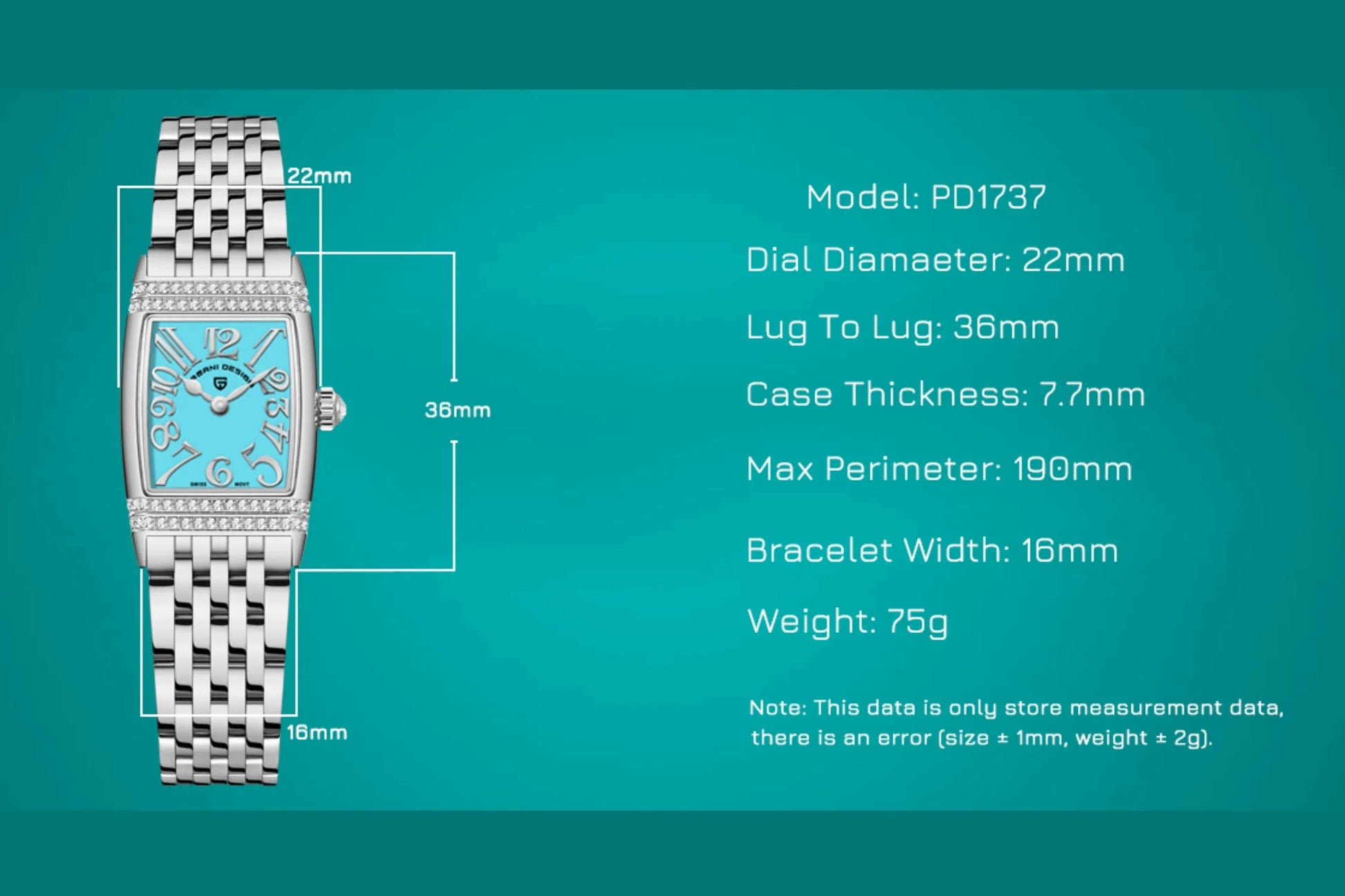 Pagani Design PD-1737 Women's Quartz Watches 22mm with Stone Set Rectangle Case, Analogue Display and Stainless Steel Ladies Watch - Silver - MOP Purple - DREAM WATCHES