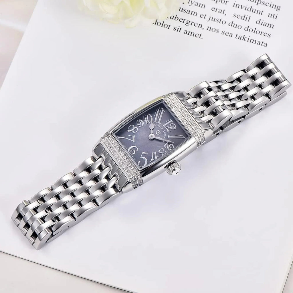Pagani Design PD-1737 Women's Quartz Watches 22mm with Stone Set Rectangle Case, Analogue Display and Stainless Steel Ladies Watch - Silver - MOP Purple - DREAM WATCHES