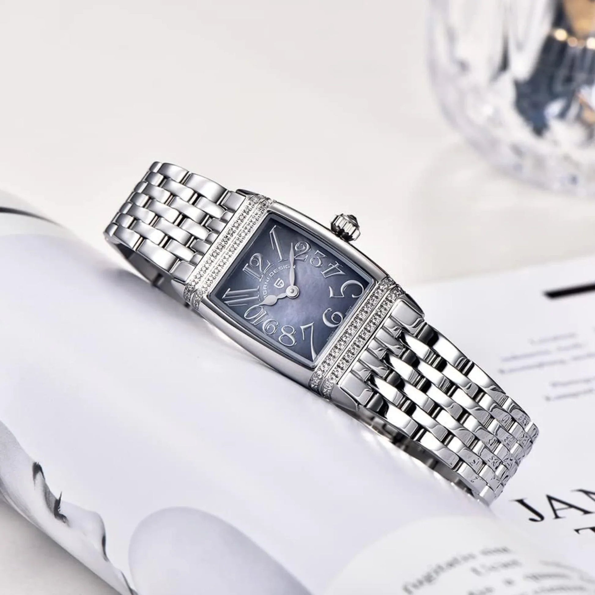 Pagani Design PD-1737 Women's Quartz Watches 22mm with Stone Set Rectangle Case, Analogue Display and Stainless Steel Ladies Watch - Silver - MOP Purple - DREAM WATCHES