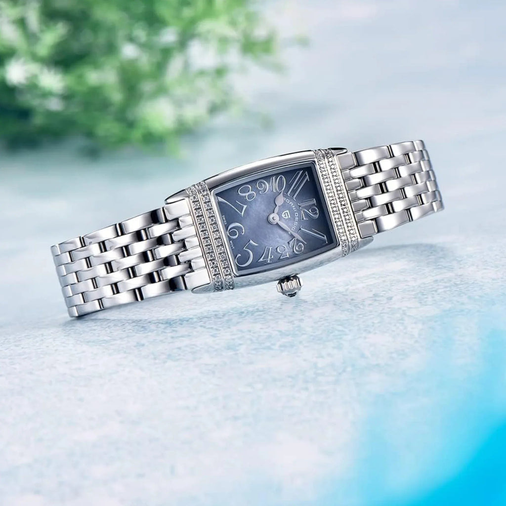 Pagani Design PD-1737 Women's Quartz Watches 22mm with Stone Set Rectangle Case, Analogue Display and Stainless Steel Ladies Watch - Silver - MOP Purple - DREAM WATCHES