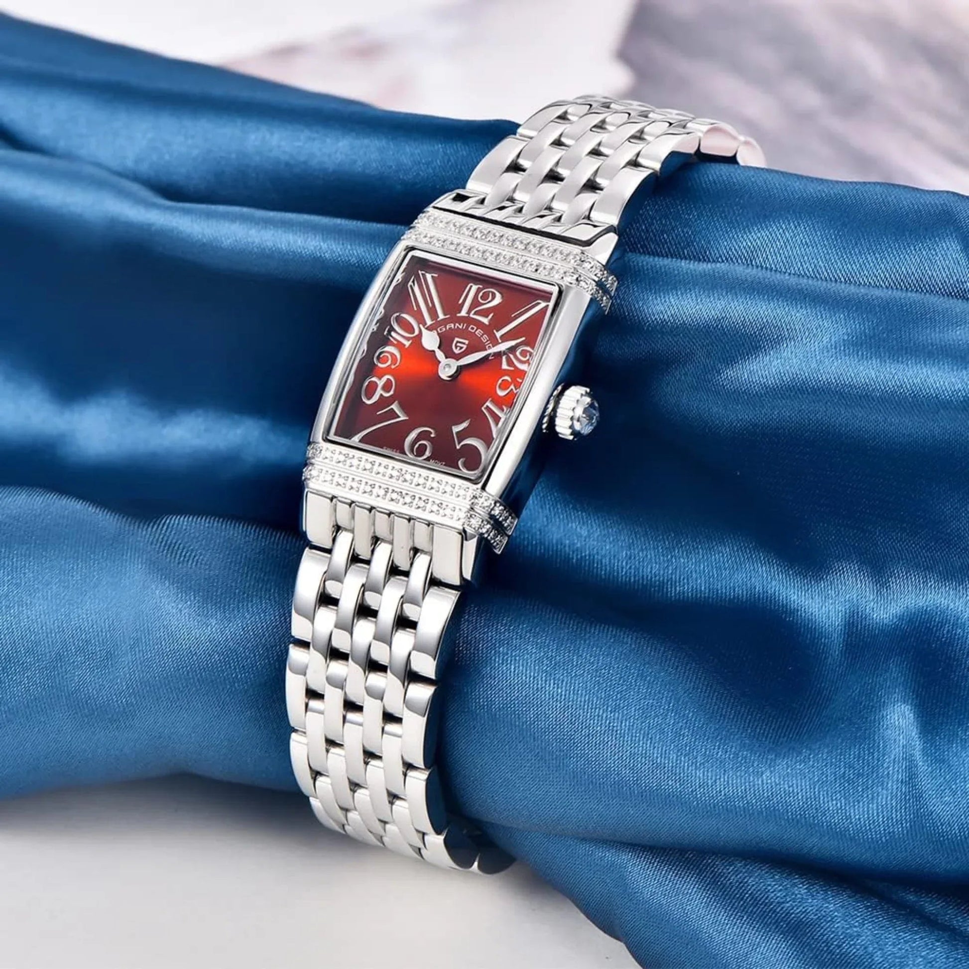 Pagani Design PD-1737 Women's Quartz Watches 22mm with Stone Set Rectangle Case, Analogue Display and Stainless Steel Ladies Watch - Silver Red - DREAM WATCHES