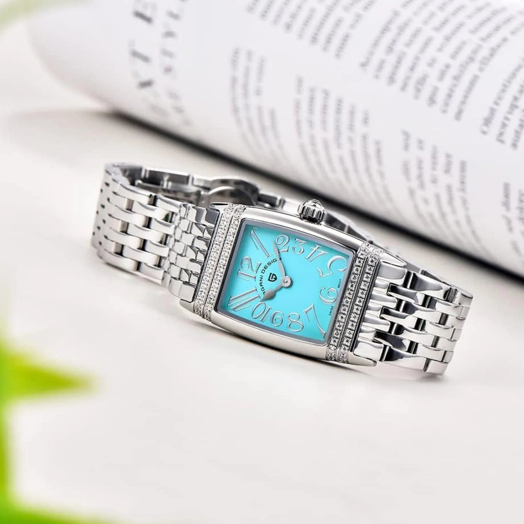 Pagani Design PD-1737 Women's Quartz Watches 22mm with Stone Set Rectangle Case, Analogue Display and Stainless Steel Ladies Watch - Silver - Tiffany Blue - DREAM WATCHES
