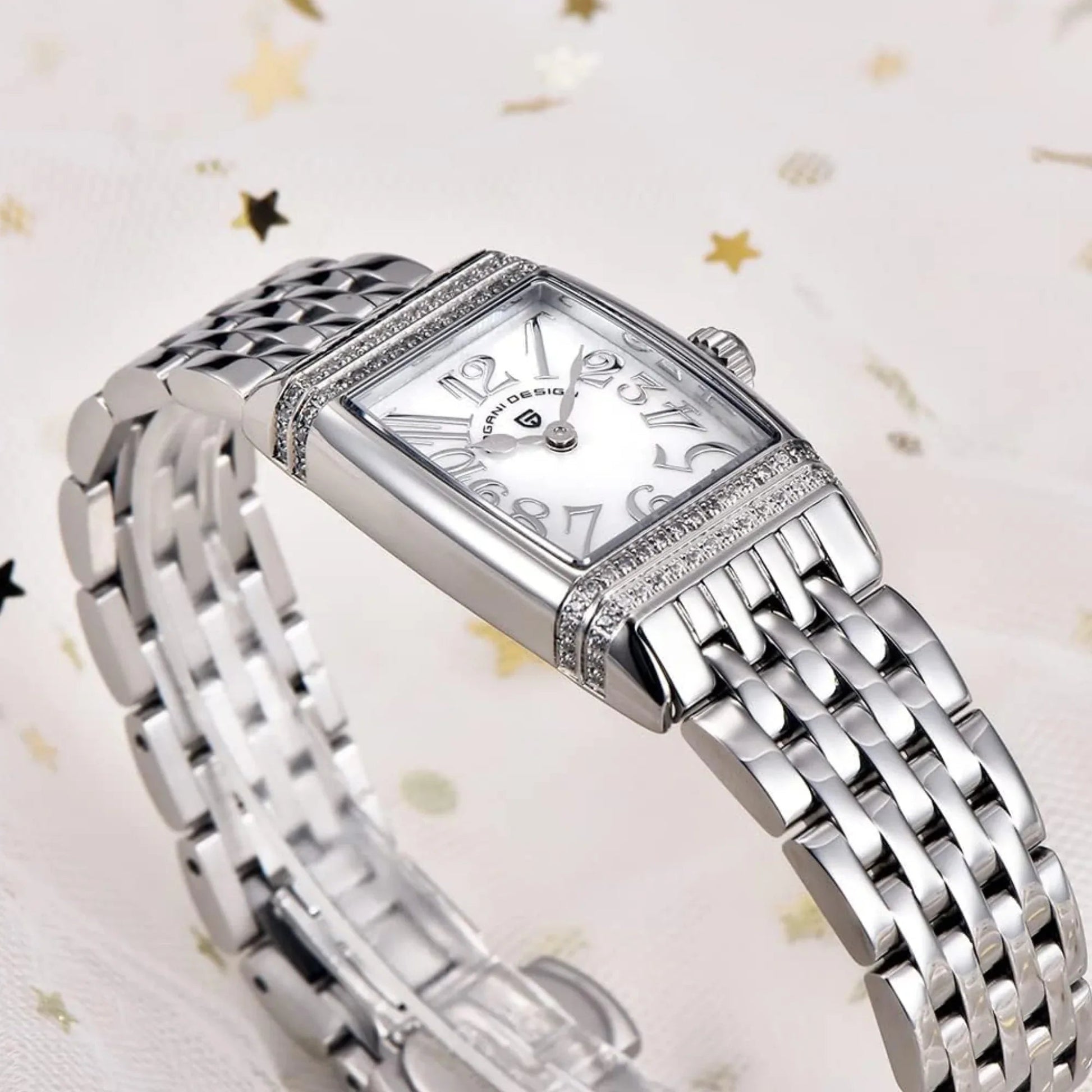Pagani Design PD-1737 Women's Quartz Watches 22mm with Stone Set Rectangle Case, Analogue Display and Stainless Steel Ladies Watch - Silver White - DREAM WATCHES