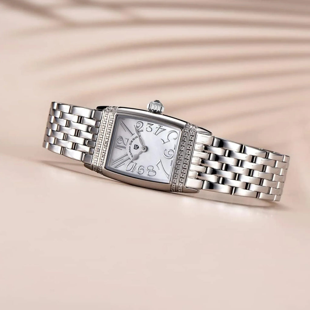 Pagani Design PD-1737 Women's Quartz Watches 22mm with Stone Set Rectangle Case, Analogue Display and Stainless Steel Ladies Watch - Silver White - DREAM WATCHES