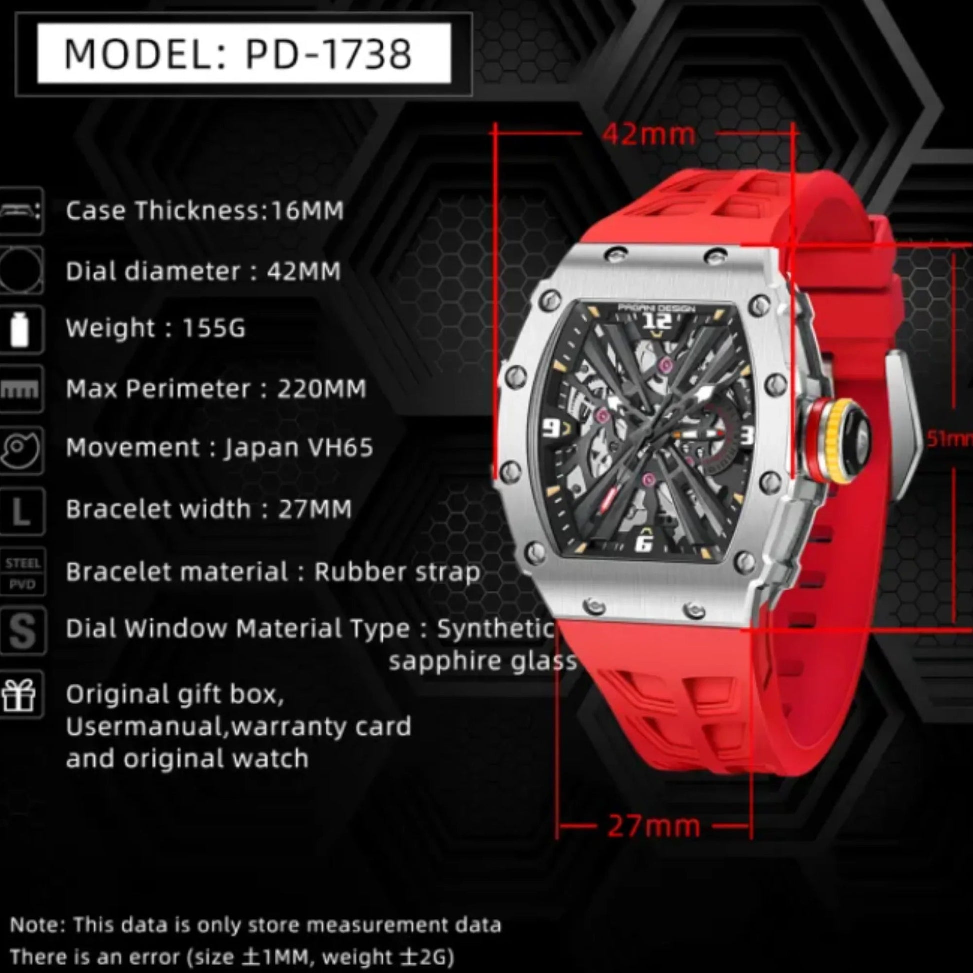 PAGANI DESIGN PD-1738 Waterproof Stainless Steel Skeleton Wristwatch Sport Chronograph Watch for Men - VH65 Movement - DREAM WATCHES