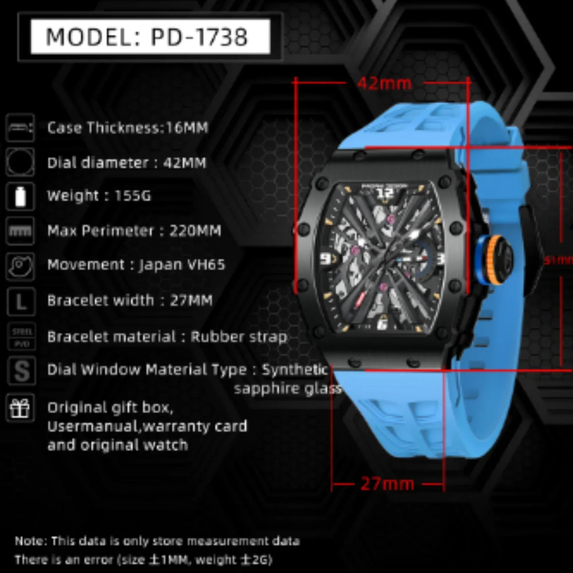 PAGANI DESIGN PD-1738 Waterproof Stainless Steel Skeleton Wristwatch Sport Chronograph Watch for Men - VH65 Movement - DREAM WATCHES