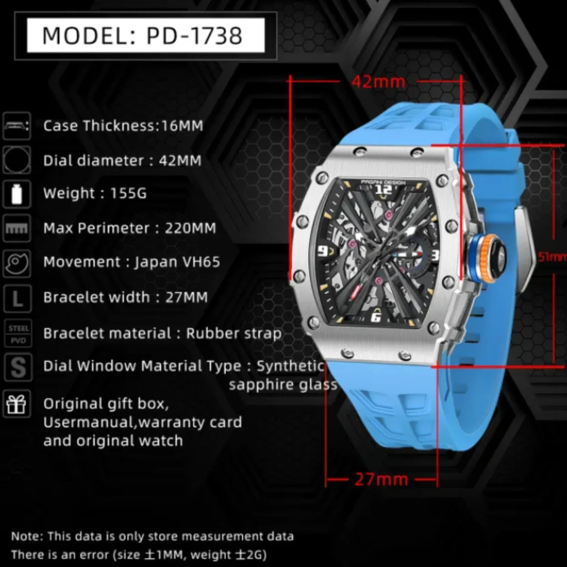 PAGANI DESIGN PD-1738 Waterproof Stainless Steel Skeleton Wristwatch Sport Chronograph Watch for Men - VH65 Movement - DREAM WATCHES