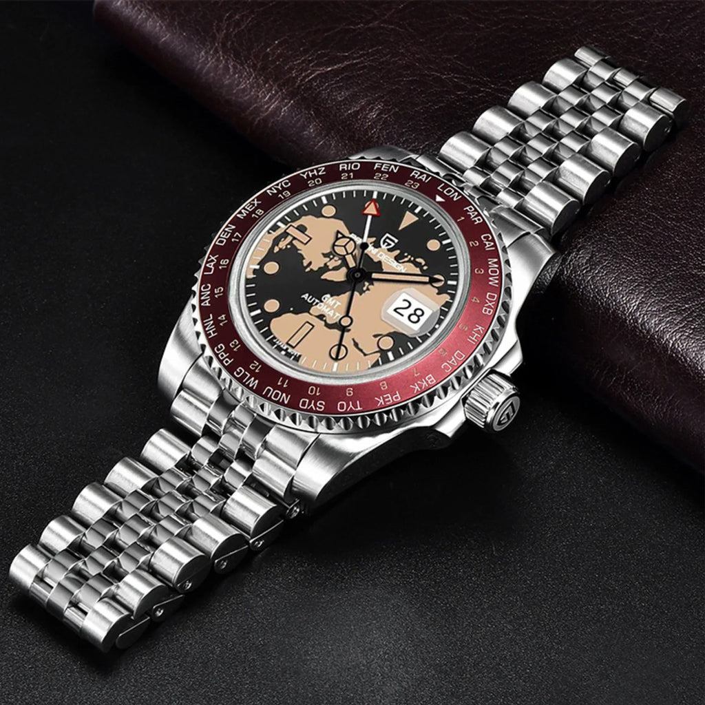 Pagani Design PD-175 equipped with AR AF Anti-Radiation Coating Automatic Watch Stainless Steel Men's ( Maroon Map - Jubilee Bracelet) - DREAM WATCHES