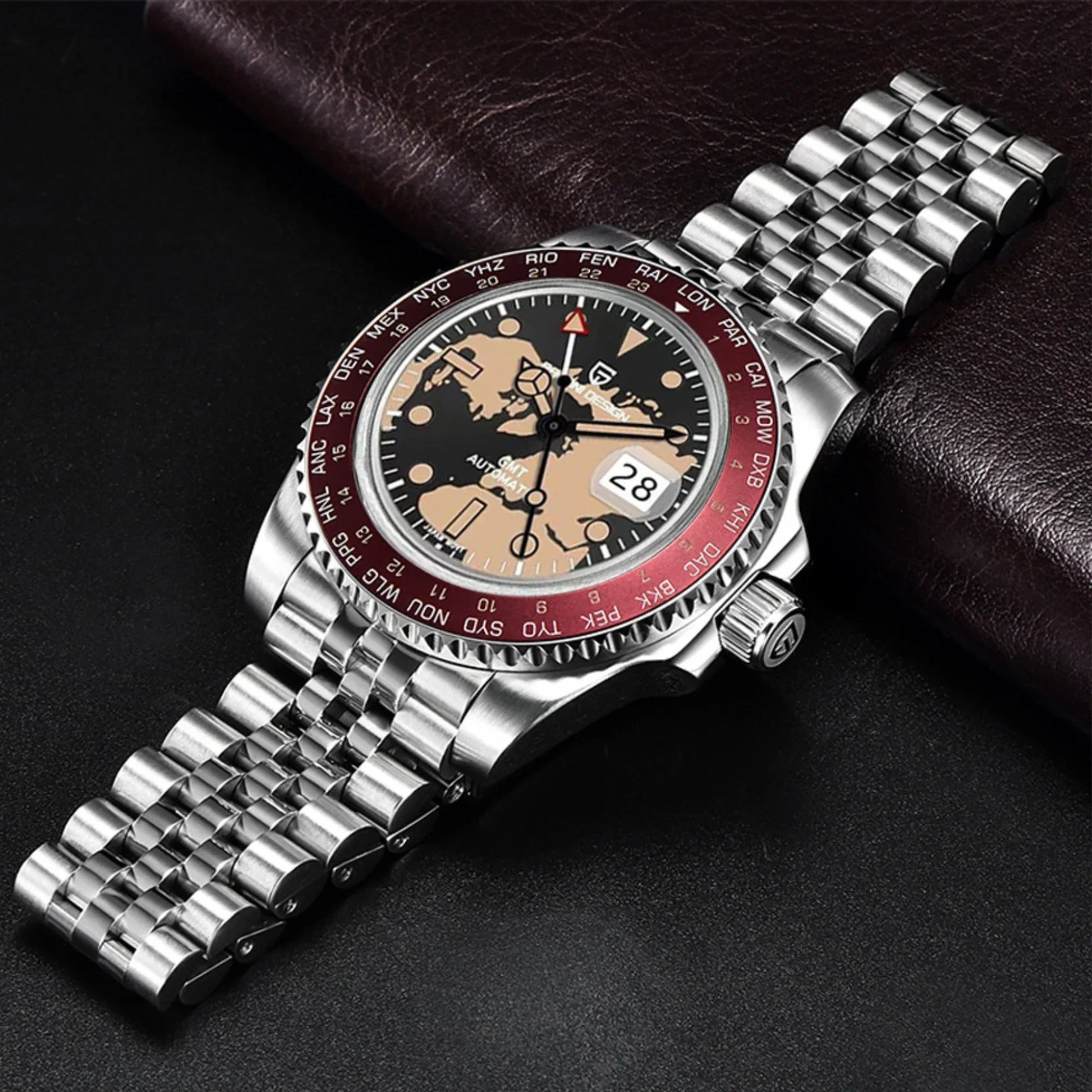 Pagani Design PD-175 equipped with AR AF Anti-Radiation Coating Automatic Watch Stainless Steel Men's ( Maroon Map - Jubilee Bracelet) - DREAM WATCHES