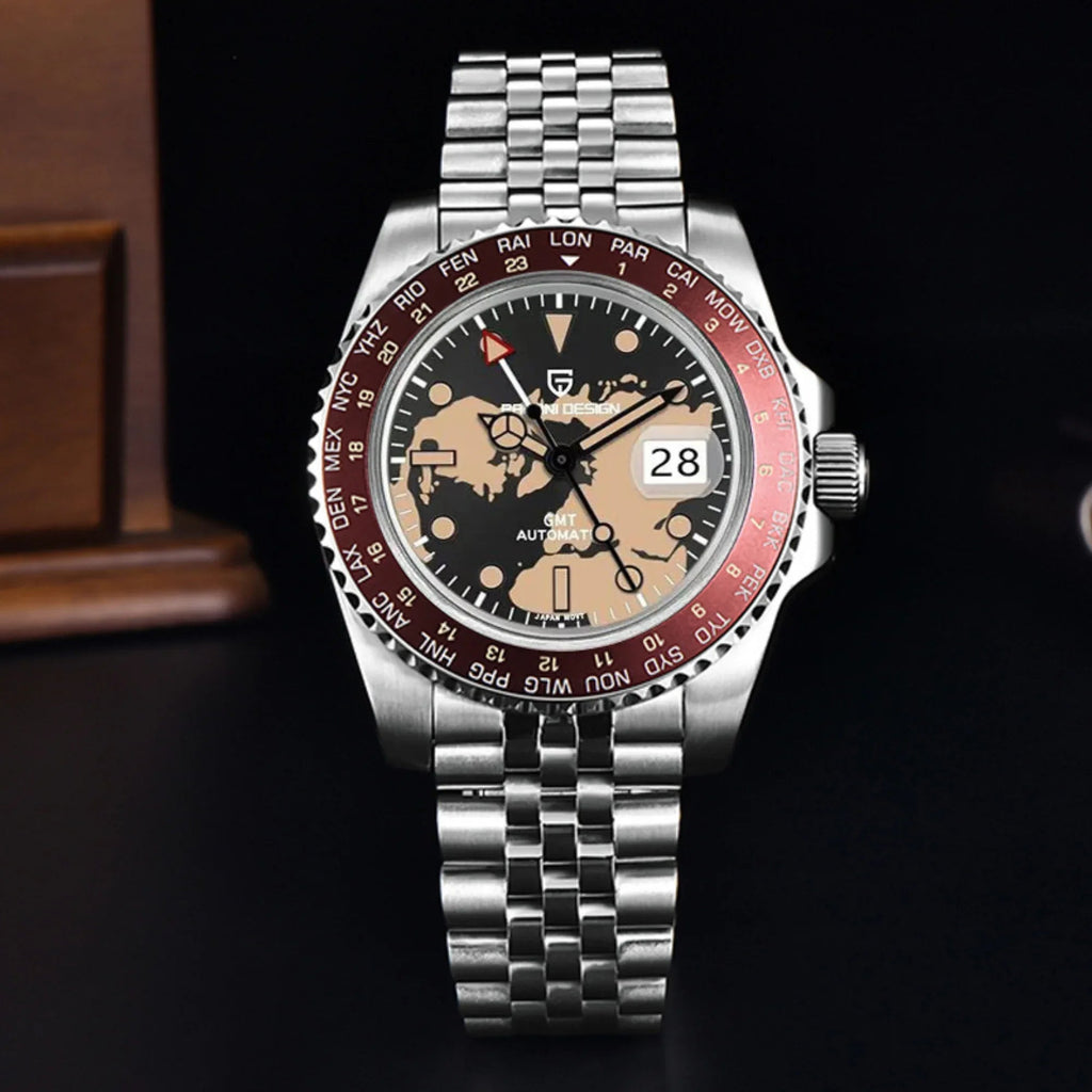 Pagani Design PD-175 equipped with AR AF Anti-Radiation Coating Automatic Watch Stainless Steel Men's ( Maroon Map - Jubilee Bracelet) - DREAM WATCHES