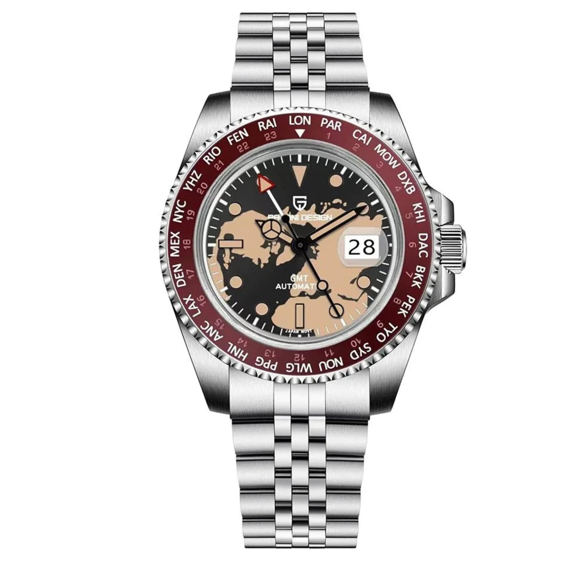 Pagani Design PD-175 equipped with AR AF Anti-Radiation Coating Automatic Watch Stainless Steel Men's ( Maroon Map - Jubilee Bracelet) - DREAM WATCHES