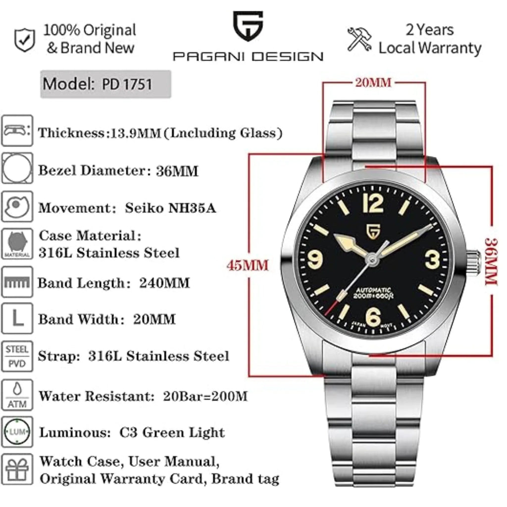 Pagani Design PD-1751 39 MM (Seiko NH35A Automatic Movement) Mechanical Watch Sapphire Stainless Steel Watch - DREAM WATCHES