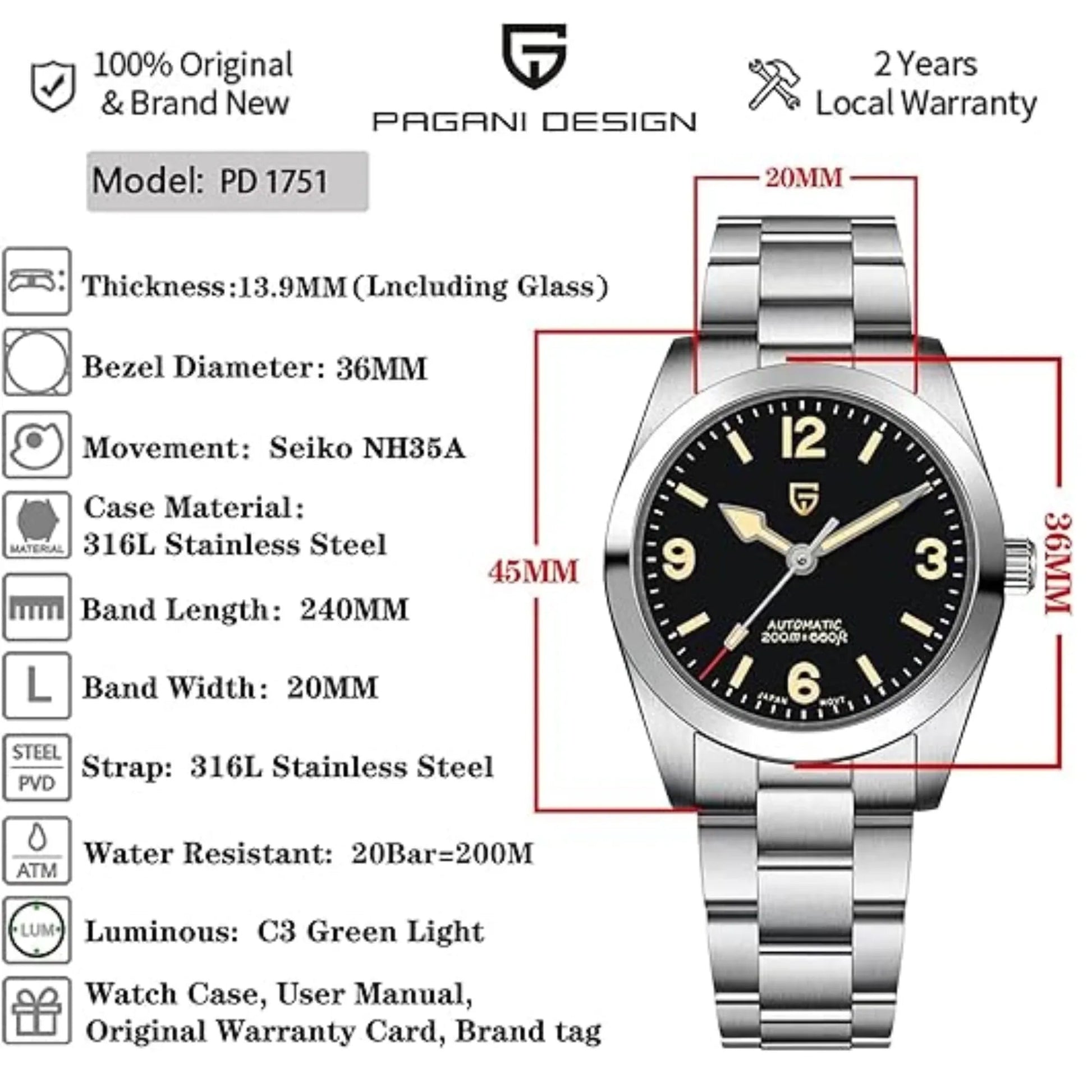 Pagani Design PD-1751 39 MM (Seiko NH35A Automatic Movement) Mechanical Watch Sapphire Stainless Steel Watch - DREAM WATCHES
