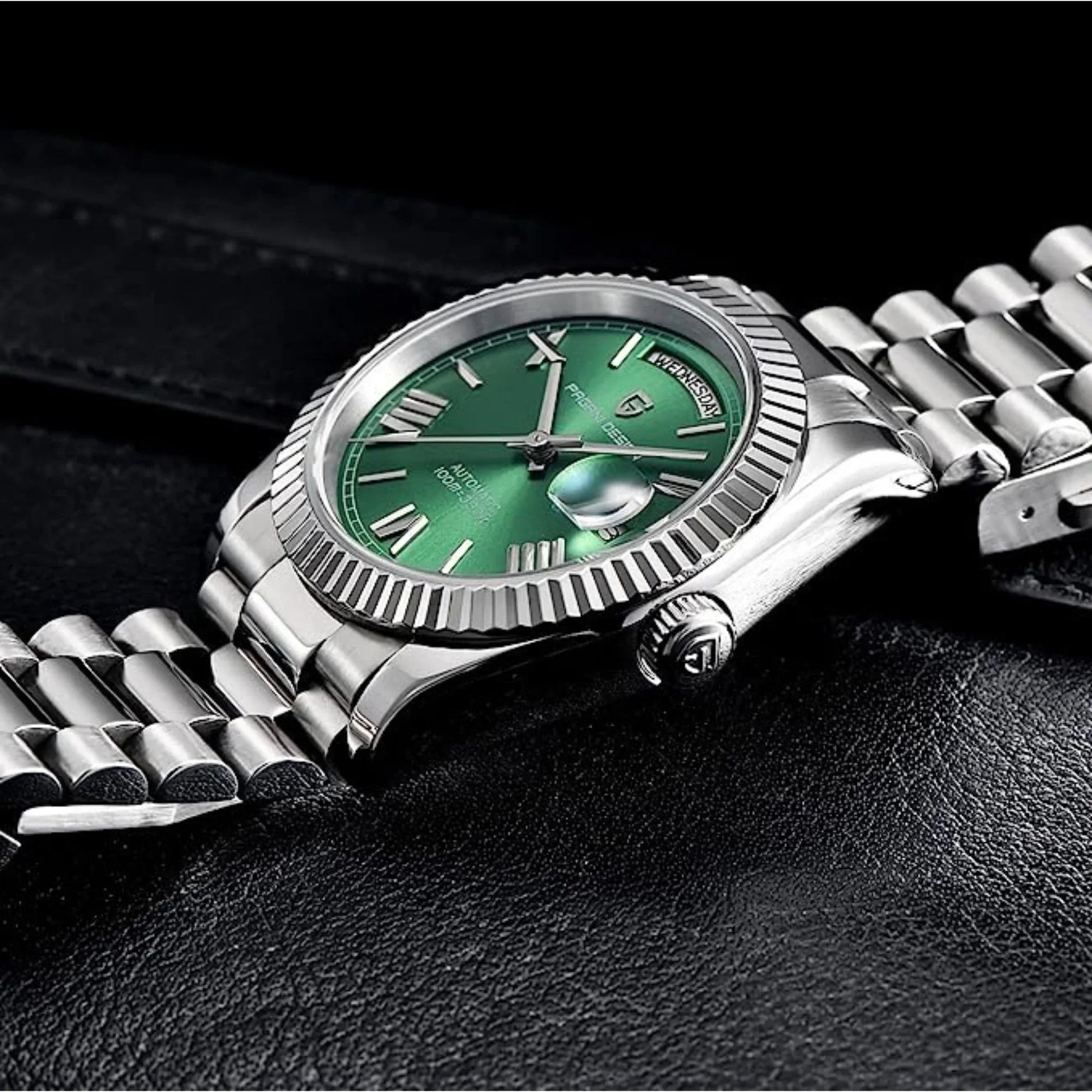 Pagani Design PD-1752 Presidential Day-Date Homage Automatic Movement (ST-16) | Stainless Steel Dial Men's 36 MM Watch | Green Dial - DREAM WATCHES
