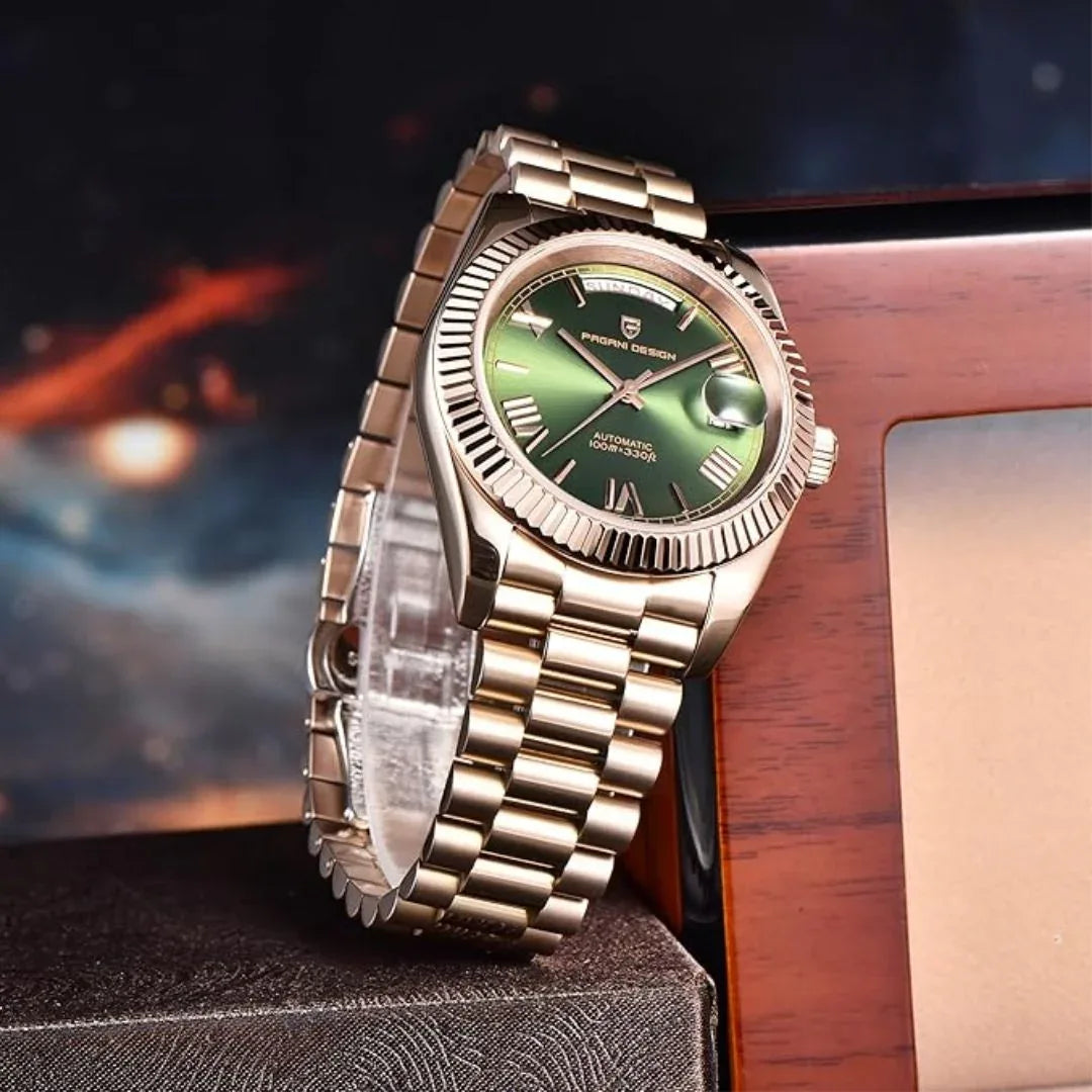 Pagani Design PD-1752 Presidential Day-Date Homage Automatic Movement (ST-16) | Stainless Steel Dial Men's 36 MM Watch | GREEN DIAL - DREAM WATCHES