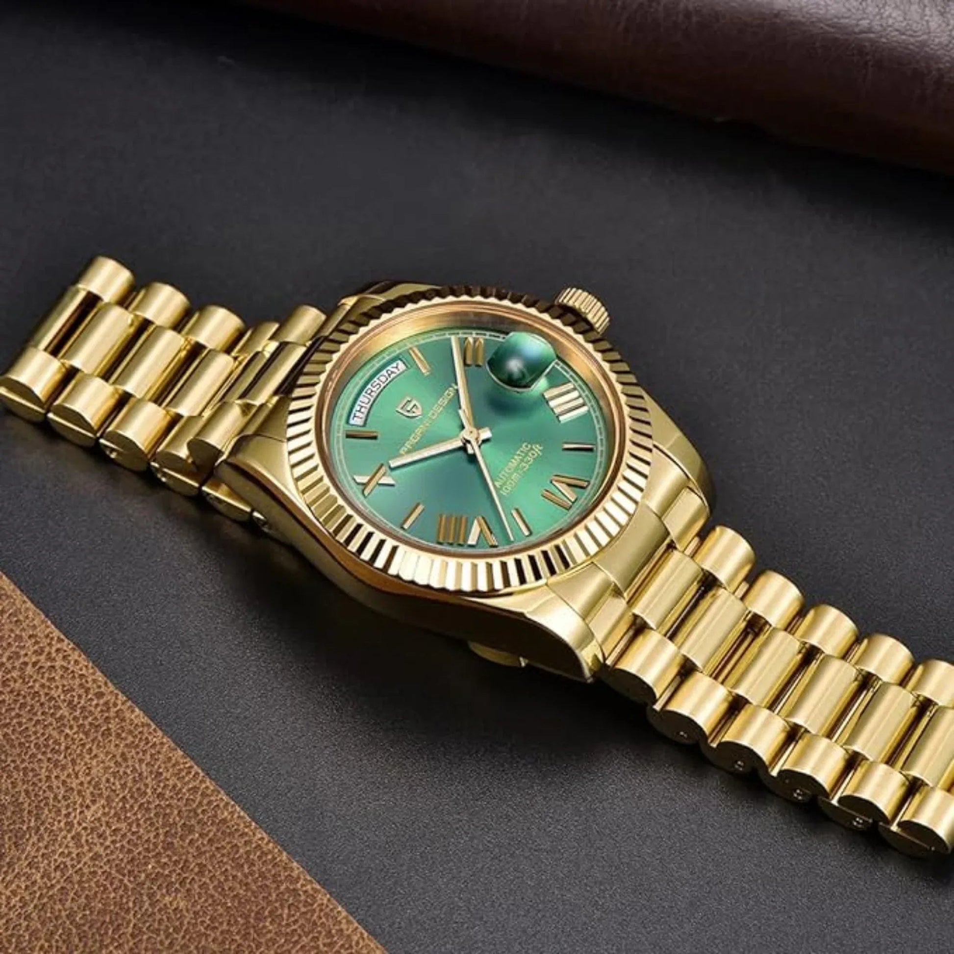 Pagani Design PD-1752 Presidential Day-Date Homage Automatic Movement (ST-16) | Stainless Steel Dial Men's 36 MM Watch | Green Dial - DREAM WATCHES