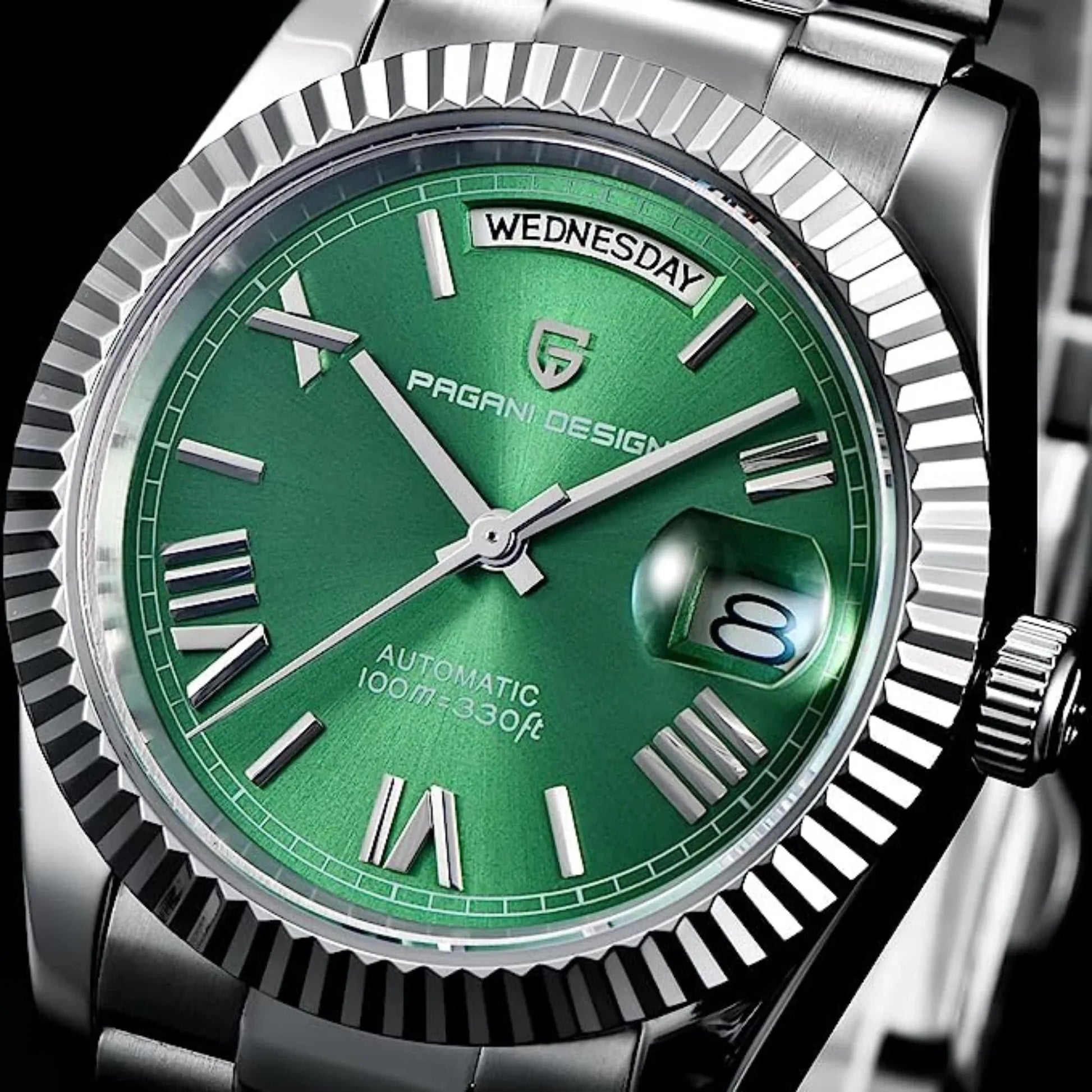 Pagani Design PD-1752 Presidential Day-Date Homage Automatic Movement (ST-16) | Stainless Steel Dial Men's 36 MM Watch | Green Dial - DREAM WATCHES
