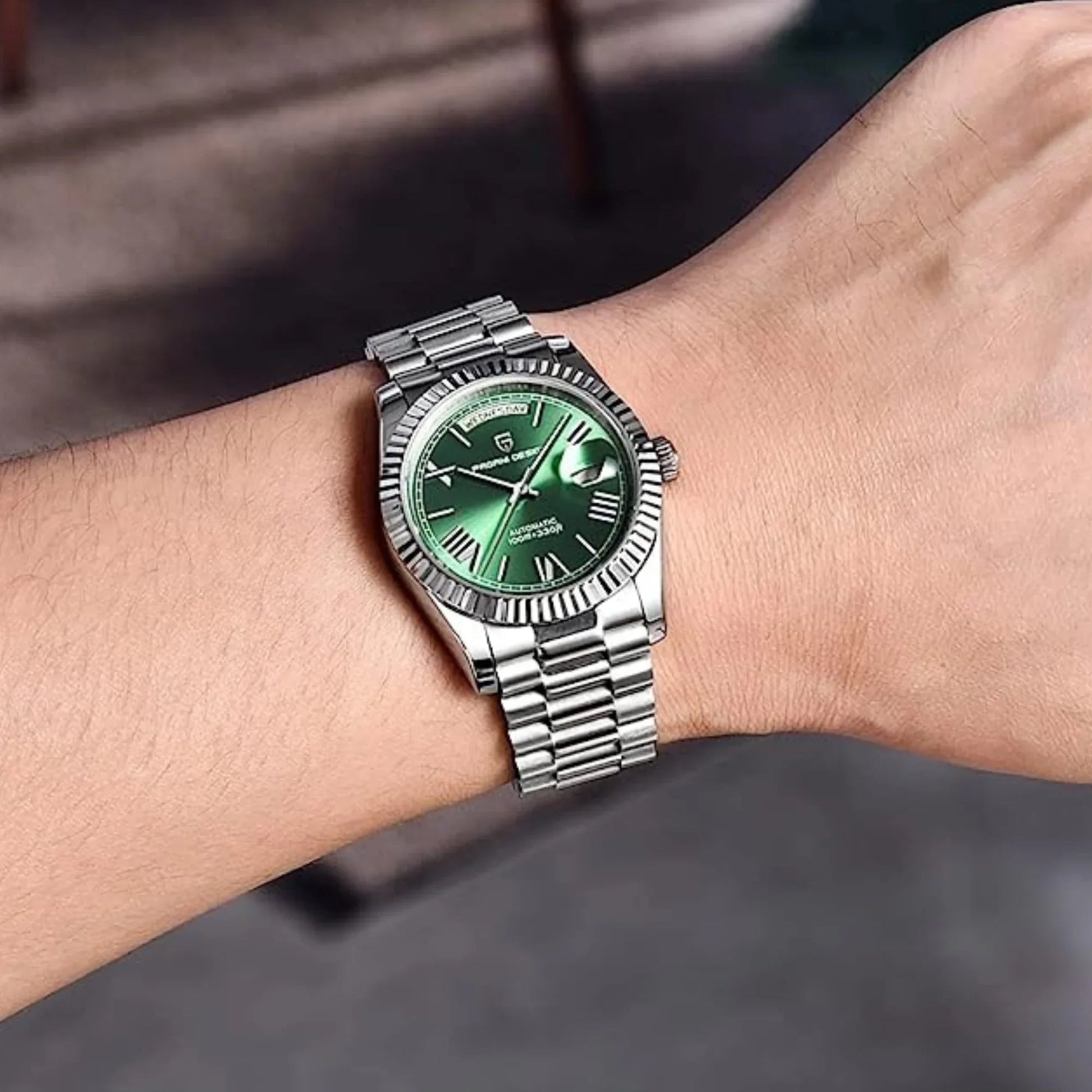 Pagani Design PD-1752 Presidential Day-Date Homage Automatic Movement (ST-16) | Stainless Steel Dial Men's 36 MM Watch | Green Dial - DREAM WATCHES