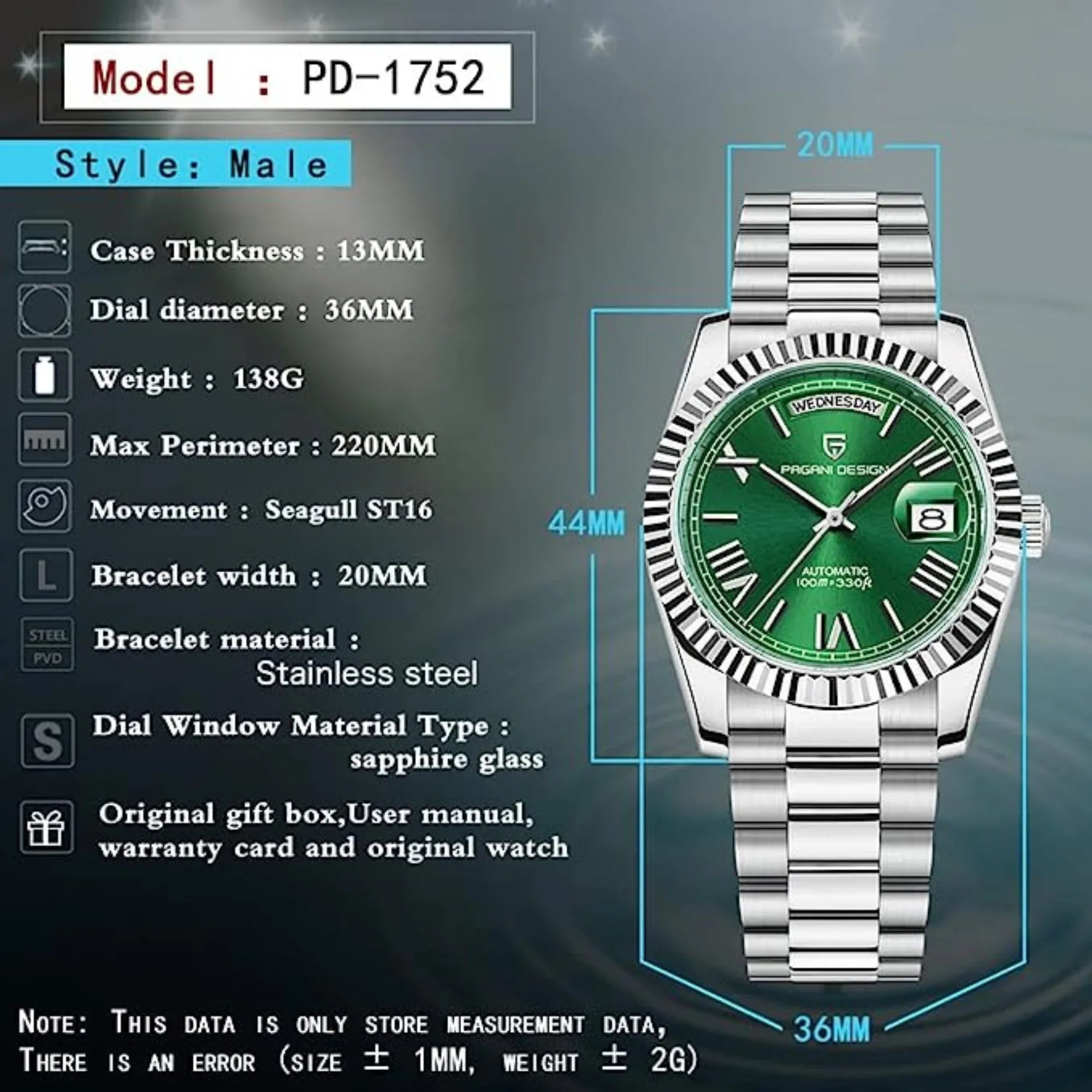 Pagani Design PD-1752 Presidential Day-Date Homage Automatic Movement (ST-16) | Stainless Steel Dial Men's 36 MM Watch | Green Dial - DREAM WATCHES