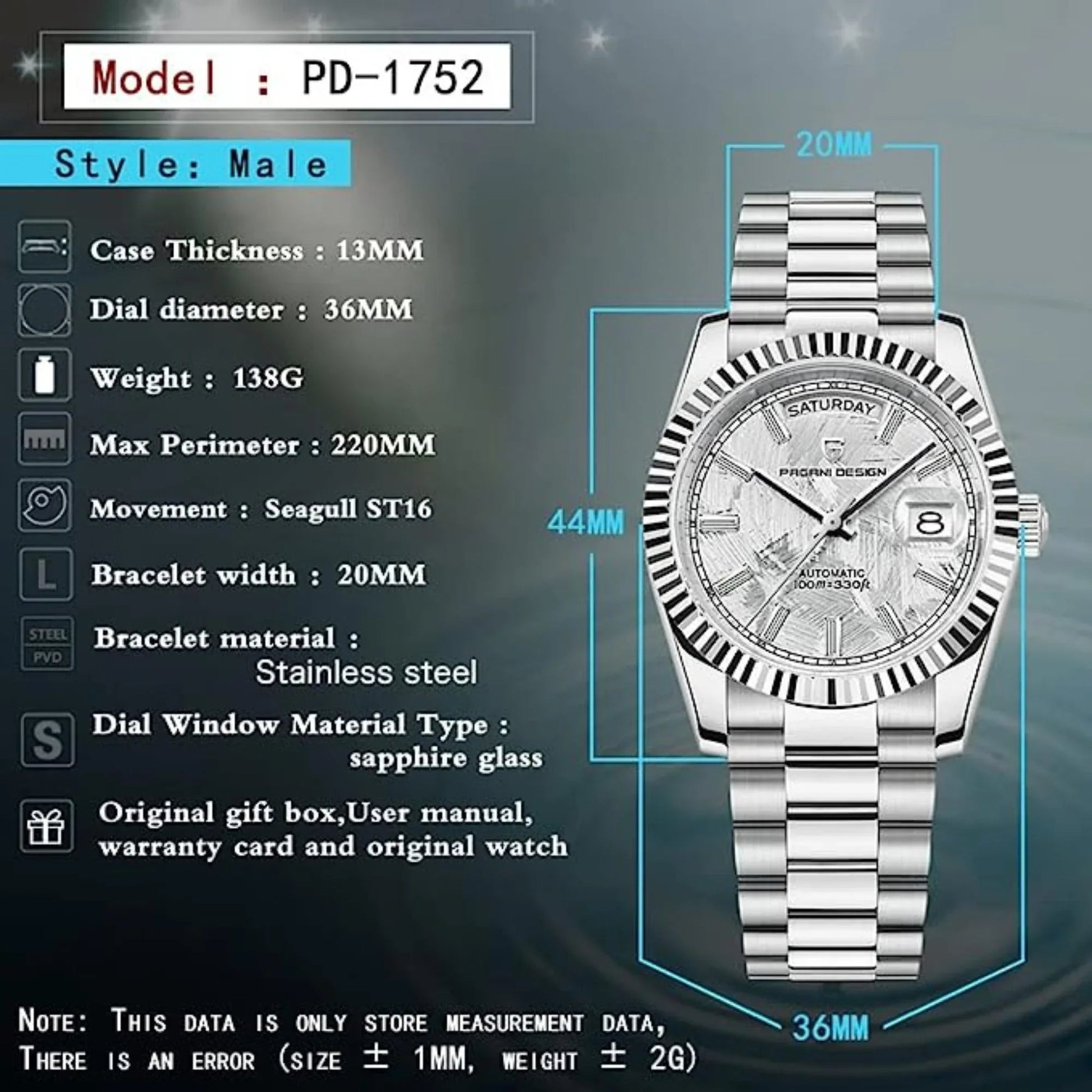 Pagani Design PD-1752 Presidential Day-Date Homage Automatic Movement (ST-16) | Stainless Steel Dial Men's 36 MM Watch | White Meteorite Dial - DREAM WATCHES