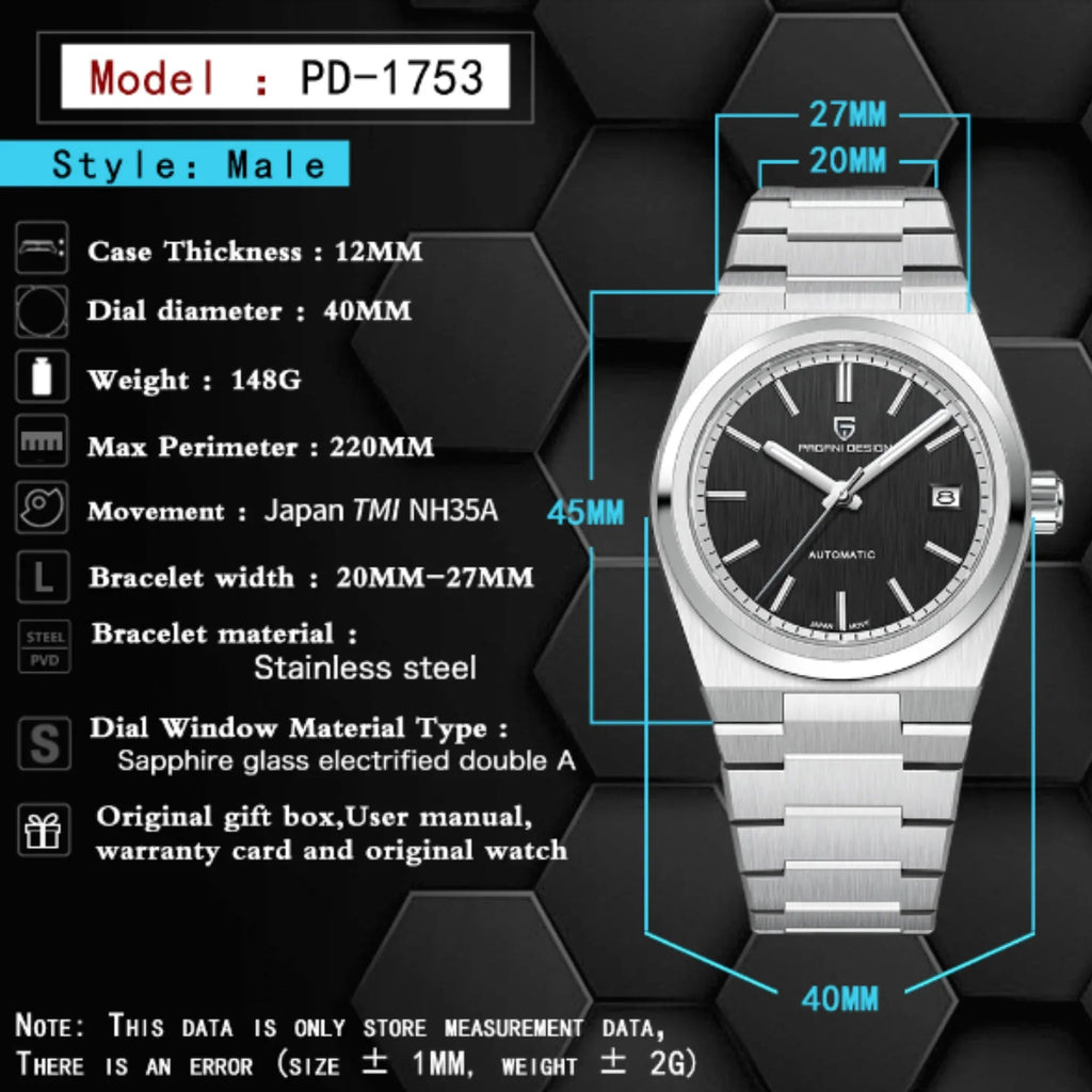Pagani Design PD-1753 PRX Powermatic 38MM 100M Waterproof Japan NH35 Automatic Mechanical Watch Sapphire Crystal AR Coating Luminous Stainless Steel Business Watch - Green - DREAM WATCHES