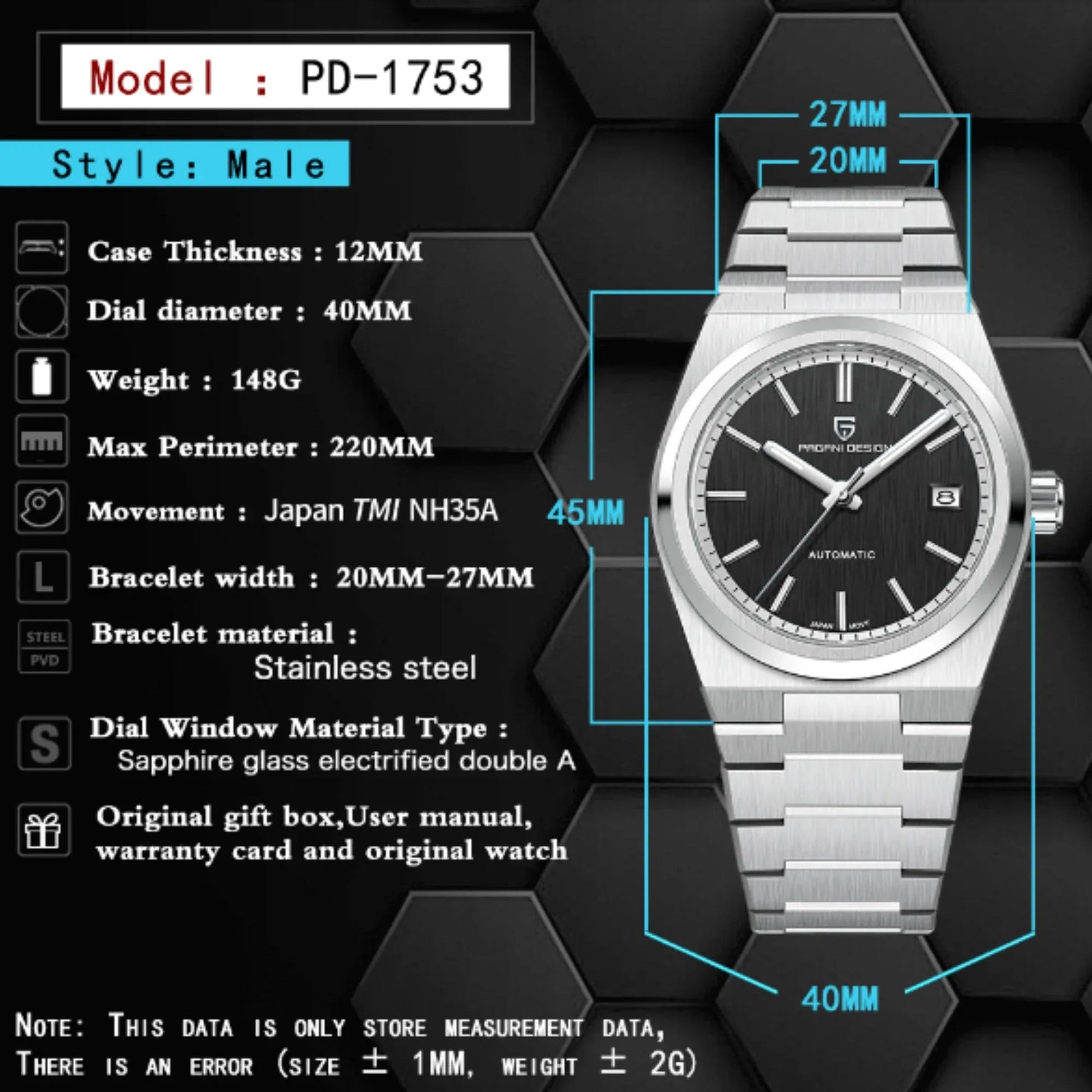 Pagani Design PD-1753 PRX Powermatic 38MM 100M Waterproof Japan NH35 Automatic Mechanical Watch Sapphire Crystal AR Coating Luminous Stainless Steel Business Watch - Black - DREAM WATCHES