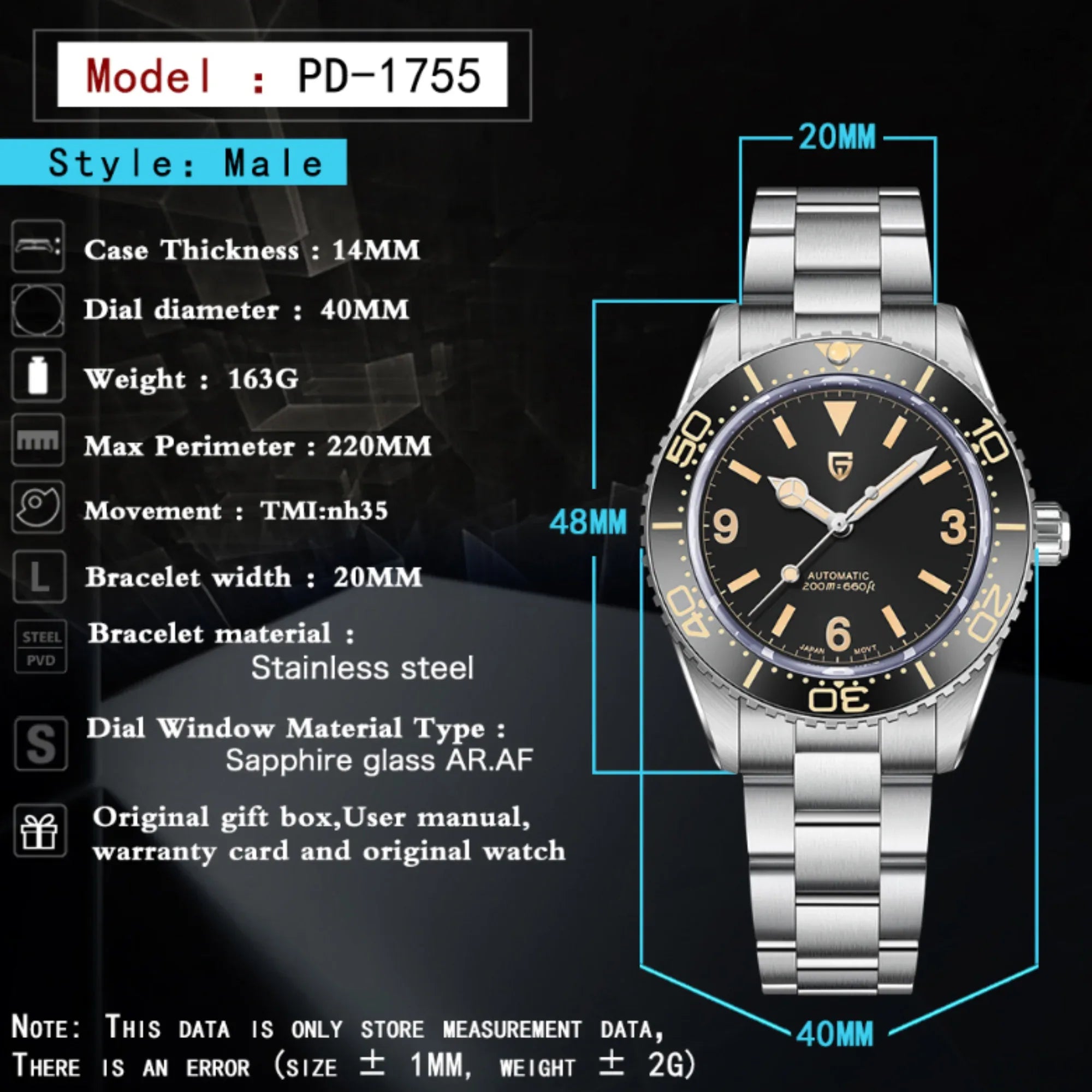 Pagani Design PD-1755 Waterproof Automatic with NH-35 Movement Stainless Steel Men's 40MM Watch - Black - DREAM WATCHES