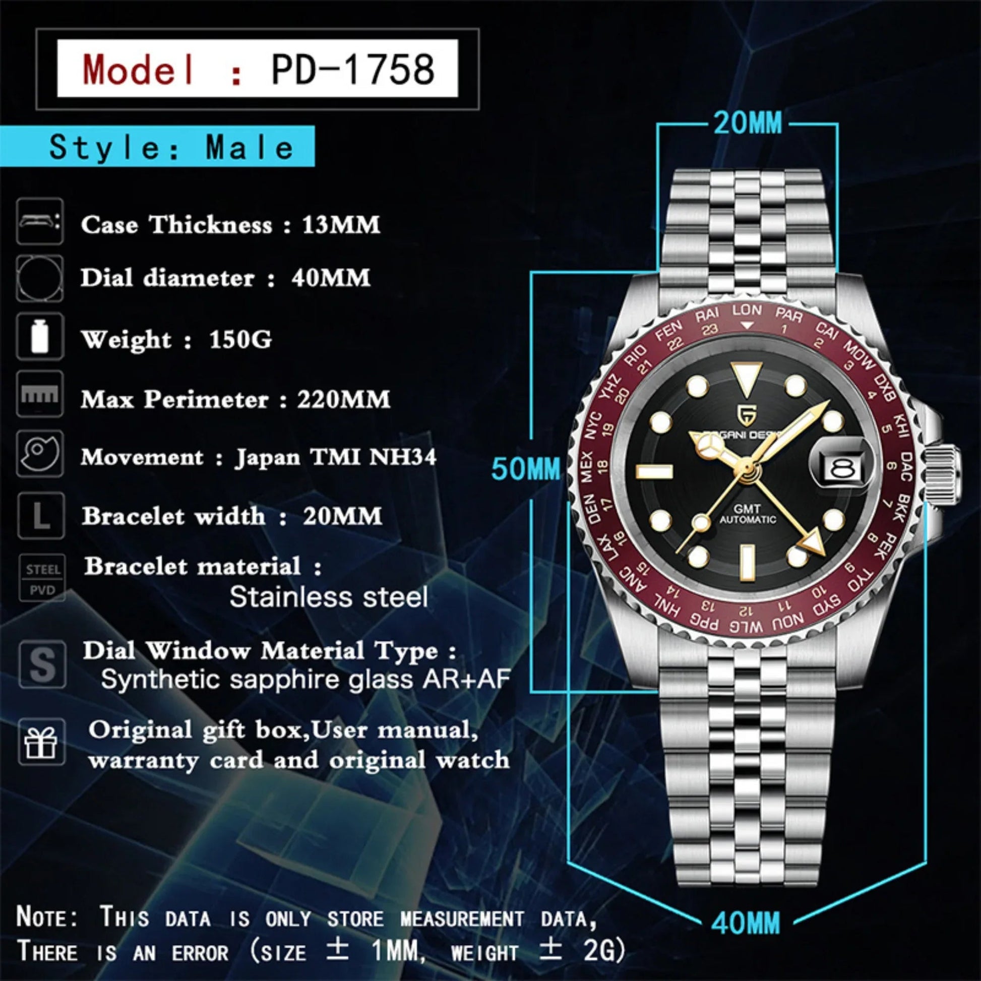 Pagani Design PD-1758 equipped with AR AF Anti-Radiation Coating Automatic Watch Stainless Steel Men's ( Maroon - Jubilee Bracelet) - DREAM WATCHES