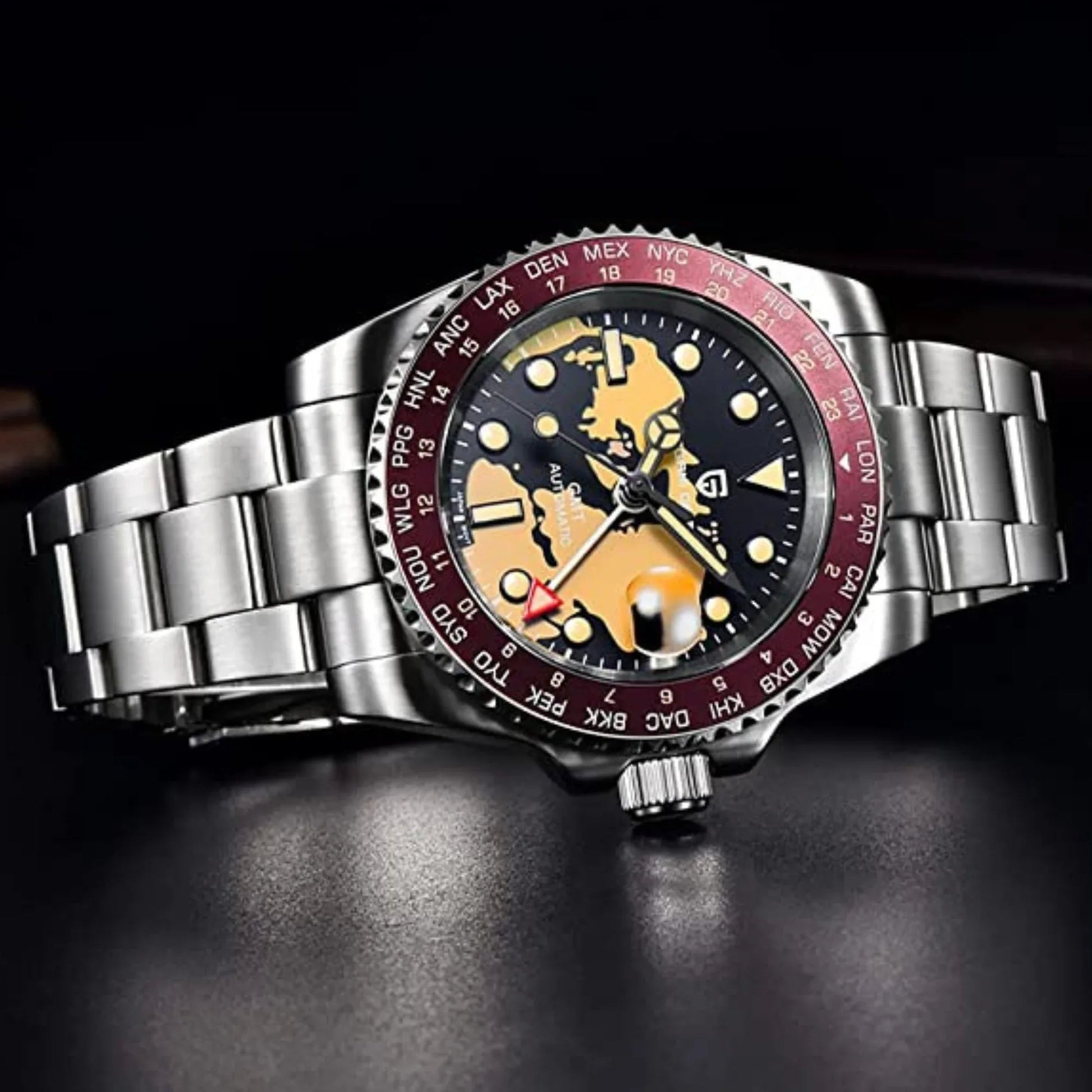 Pagani Design PD-1758 equipped with AR AF Anti-Radiation Coating Automatic Watch Stainless Steel Men's ( Maroon Map - Oyster Bracelet) - DREAM WATCHES