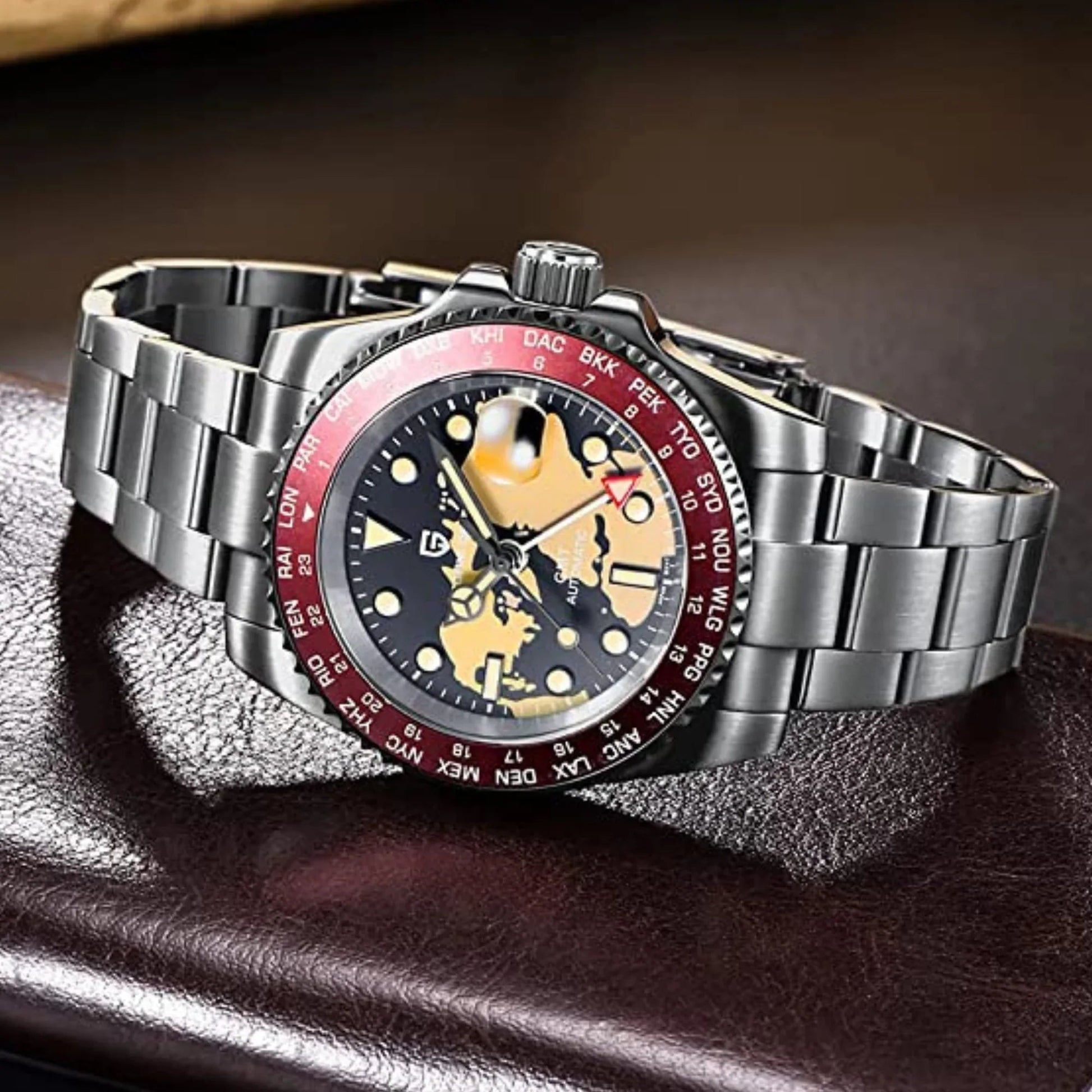 Pagani Design PD-1758 equipped with AR AF Anti-Radiation Coating Automatic Watch Stainless Steel Men's ( Maroon Map - Oyster Bracelet) - DREAM WATCHES