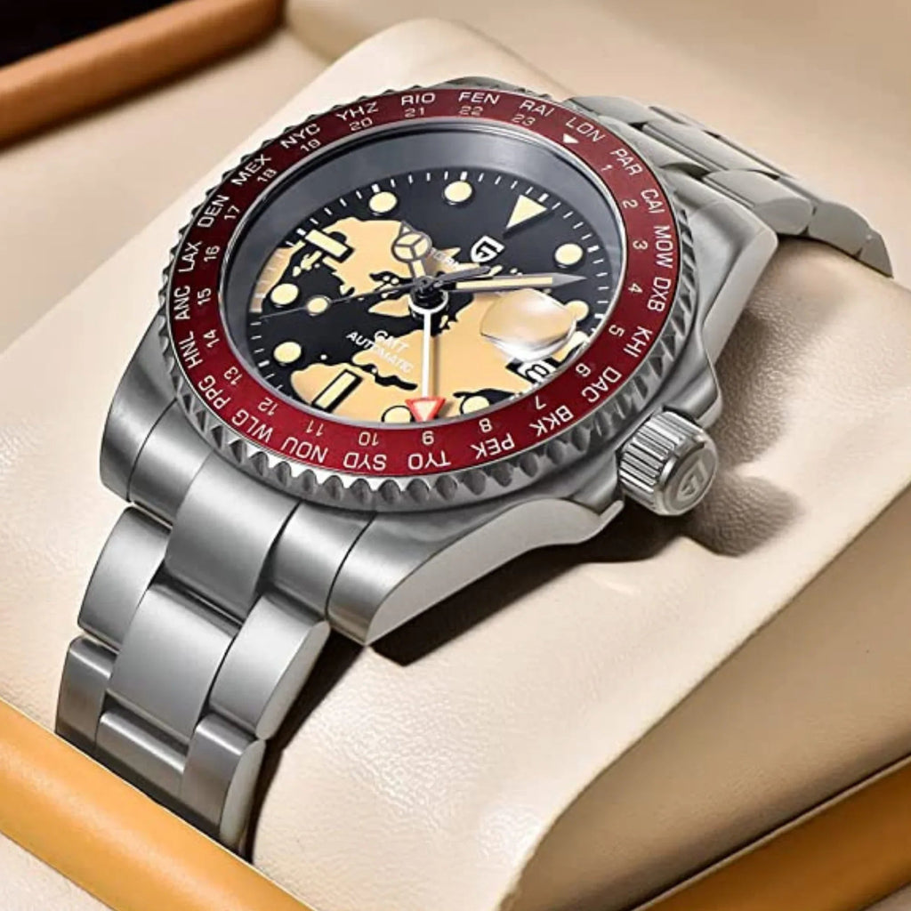 Pagani Design PD-1758 equipped with AR AF Anti-Radiation Coating Automatic Watch Stainless Steel Men's ( Maroon Map - Oyster Bracelet) - DREAM WATCHES