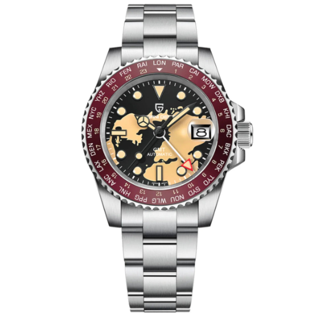 Pagani Design PD-1758 equipped with AR AF Anti-Radiation Coating Automatic Watch Stainless Steel Men's ( Maroon Map - Oyster Bracelet) - DREAM WATCHES