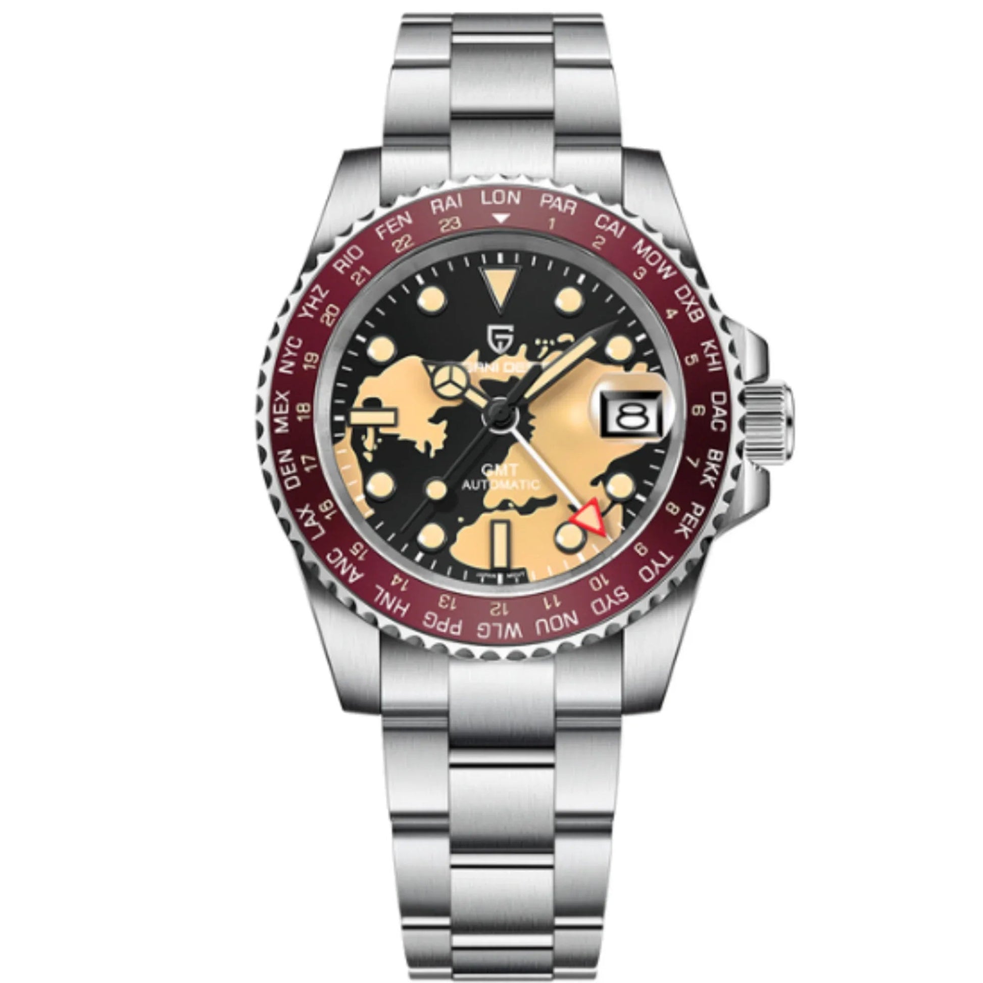 Pagani Design PD-1758 equipped with AR AF Anti-Radiation Coating Automatic Watch Stainless Steel Men's ( Maroon Map - Oyster Bracelet) - DREAM WATCHES