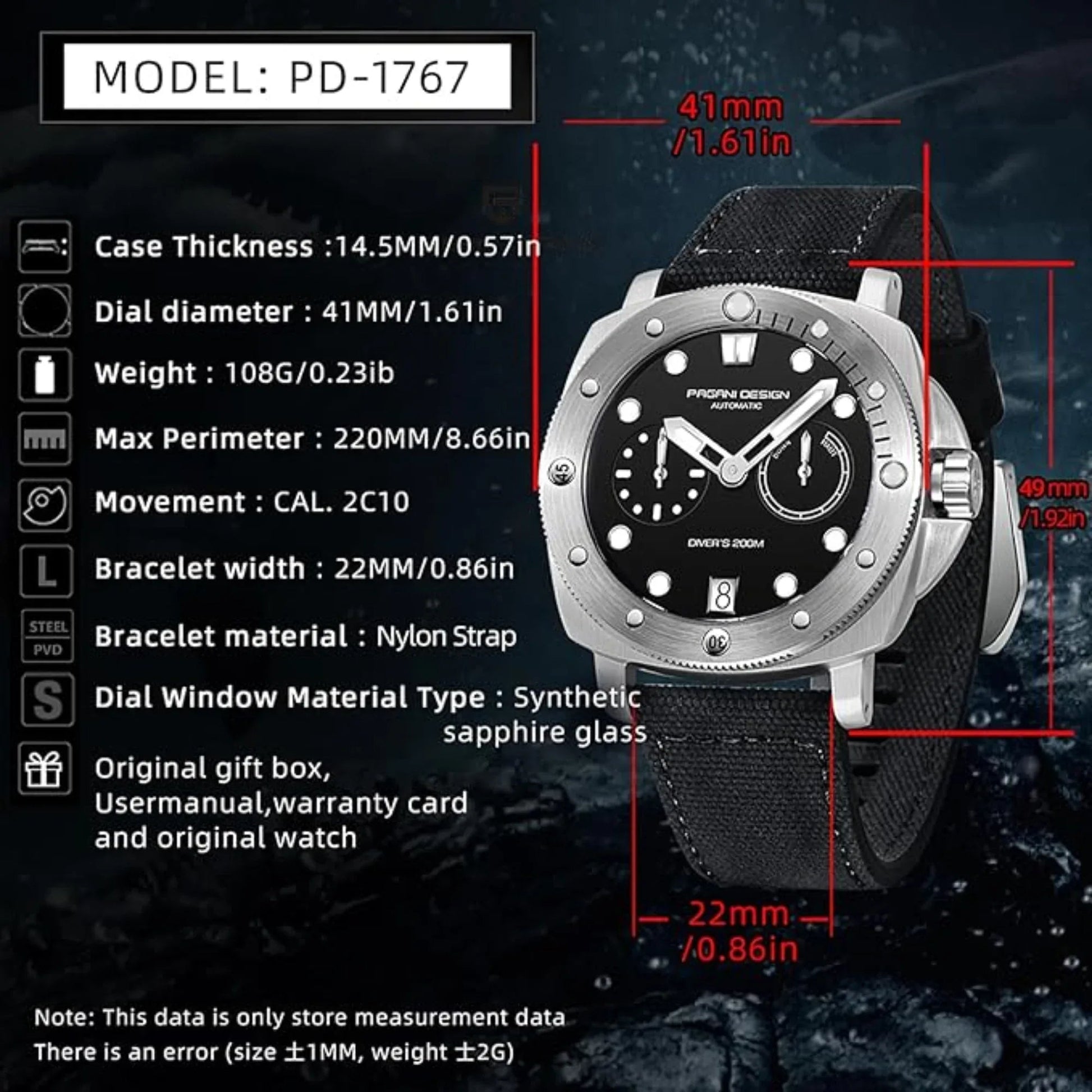 Pagani Design PD-1767 Men's CAL.2C10 Automatic Mechanical Watch 41MM - Black - DREAM WATCHES