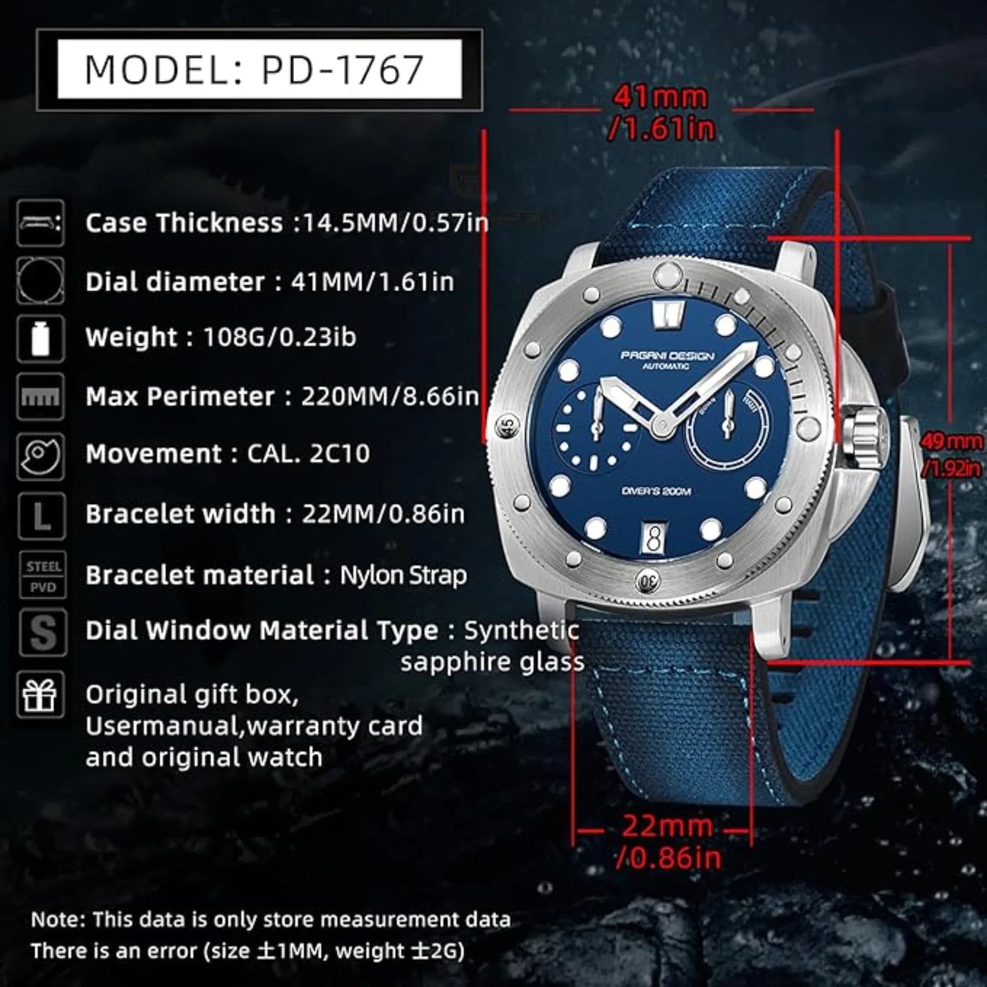 Pagani Design PD-1767 Men's CAL.2C10 Automatic Mechanical Watch 41MM - Blue - DREAM WATCHES