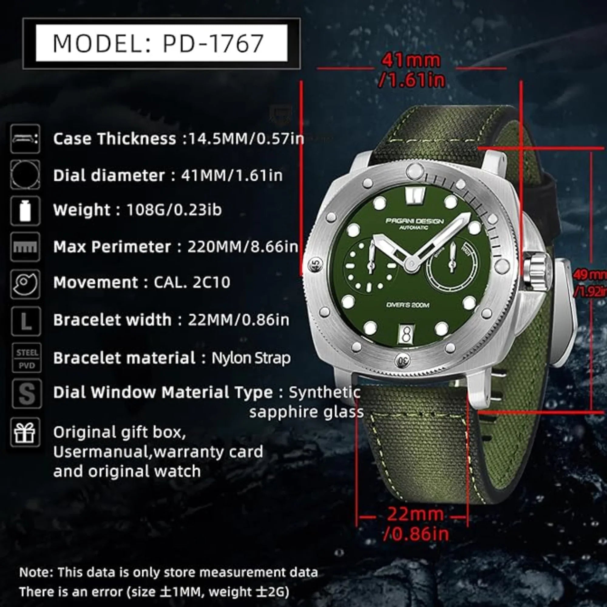 Pagani Design PD-1767 Men's CAL.2C10 Automatic Mechanical Watch 41MM- Military Green - DREAM WATCHES
