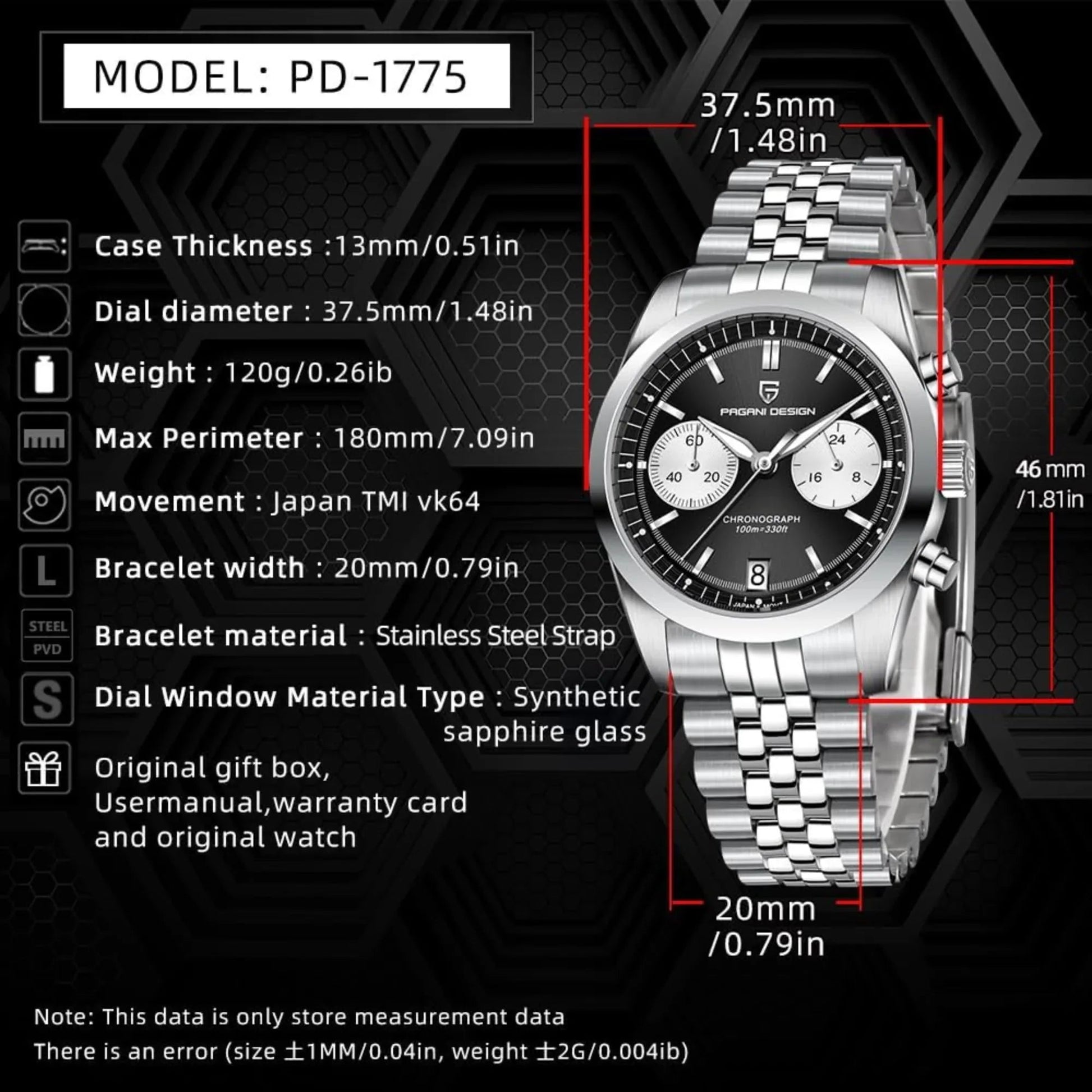 Pagani Design PD-1775 Men's Quartz Mechanical Waterproof Chronograph Fashion Trend - Black Dial - DREAM WATCHES