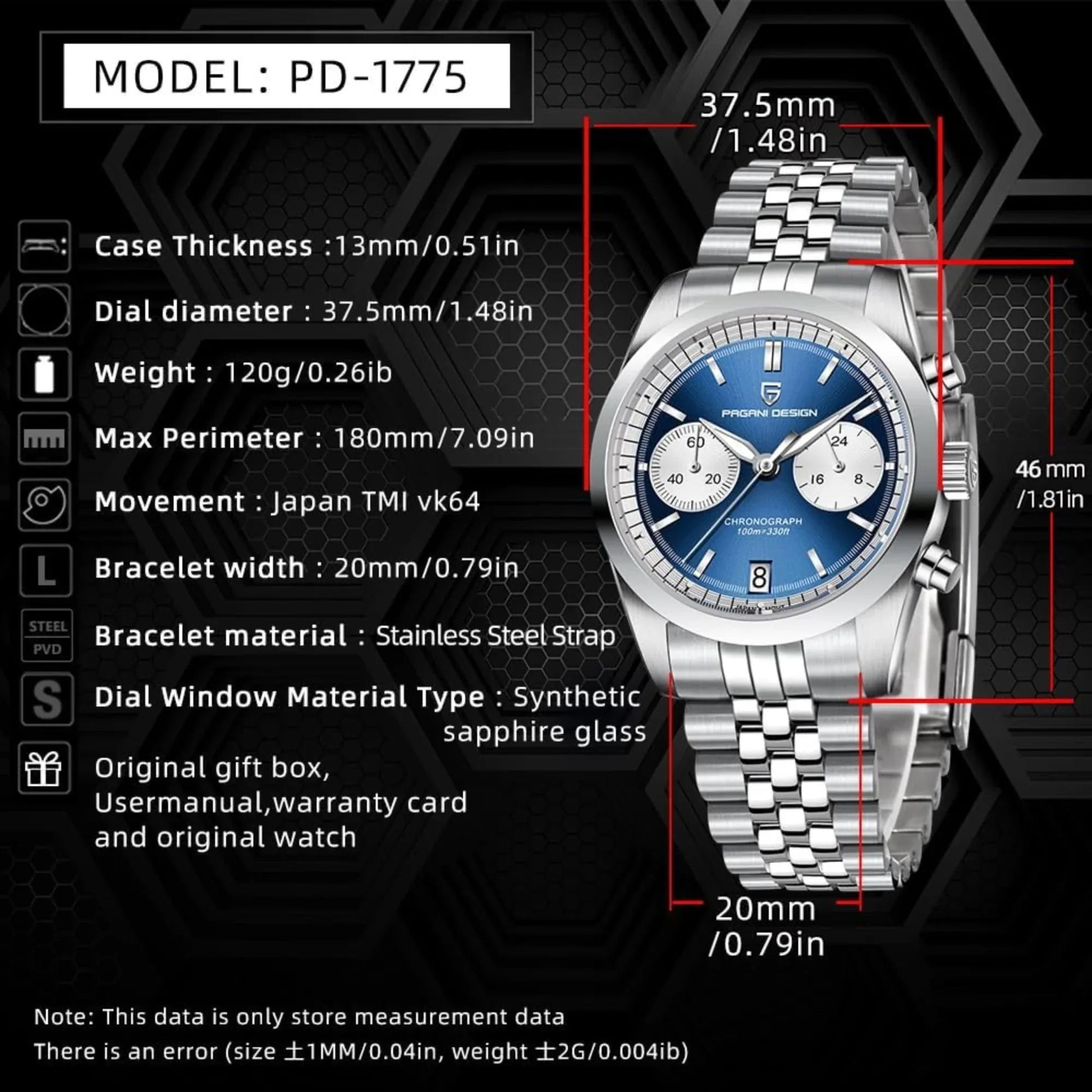 Pagani Design PD-1775 Men's Quartz Mechanical Waterproof Chronograph Fashion Trend - Blue Dial - DREAM WATCHES