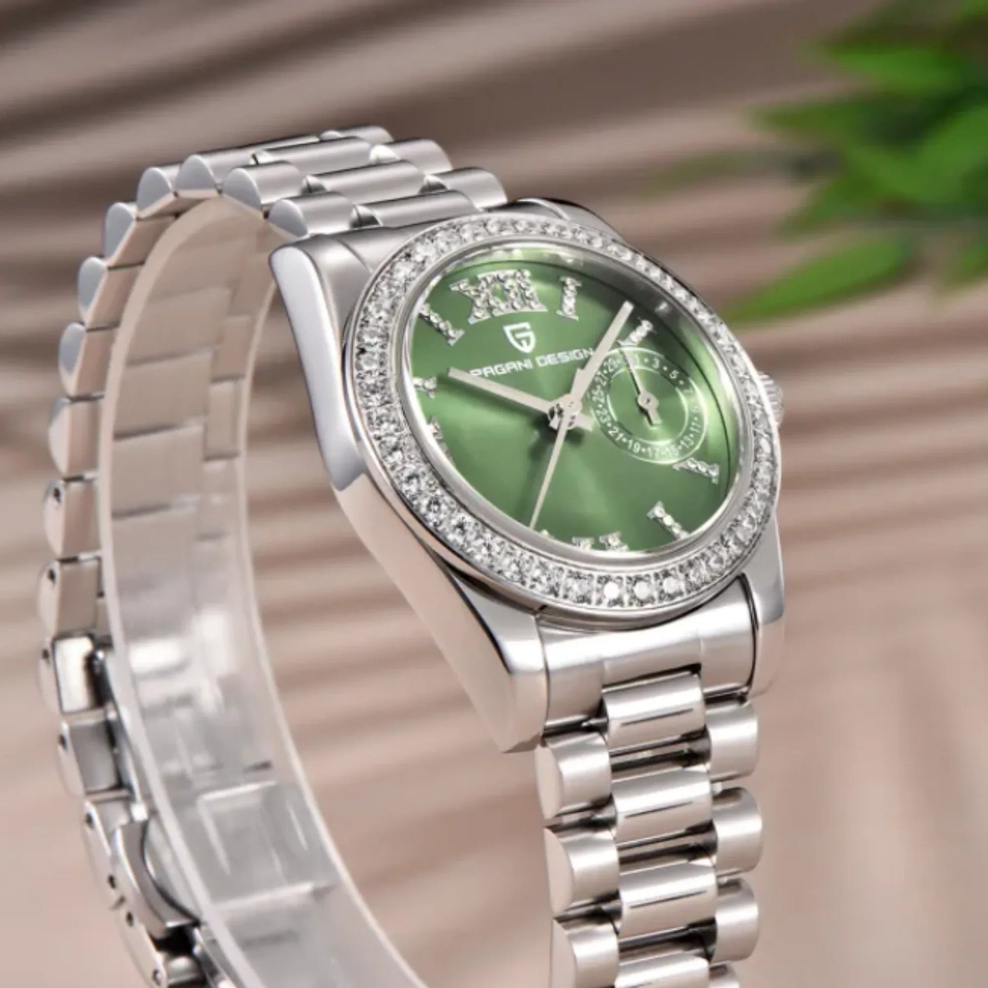 PAGANI DESIGN PD-1776 Luxury Stainless Steel Waterproof Wrist Watch for Women Diamond Bezel Sapphire Dial 32 mm - Aqua Green - DREAM WATCHES